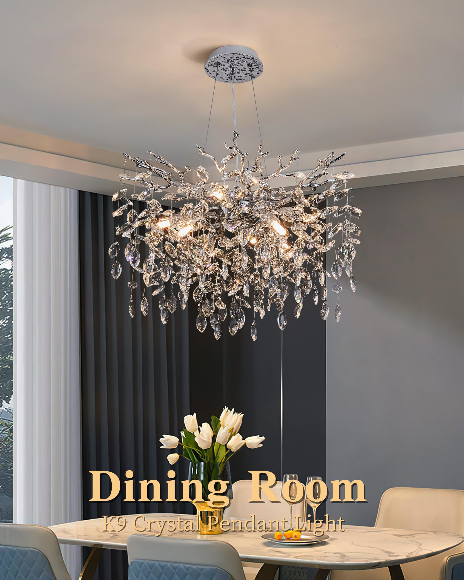 Modern Tree Branch Crystal Chandelier Luxury Silver Crystal Pendant Lighting 23.6'' Contemporary 8-Light Chandeliers For Dining