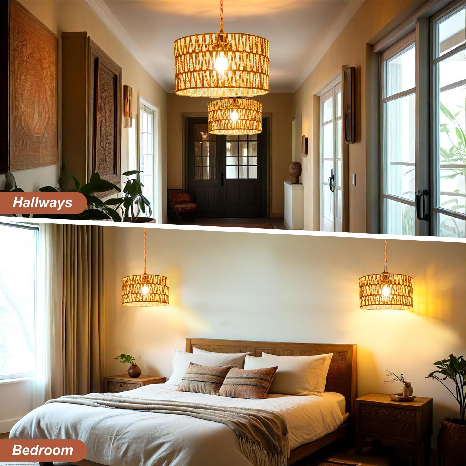 Eqquorva Hanging Lights With Plug In Cord Rattan Hanging Lamp Boho Ceiling Light Fixtures Farmhouse Pendant Lamp Shape For Livin