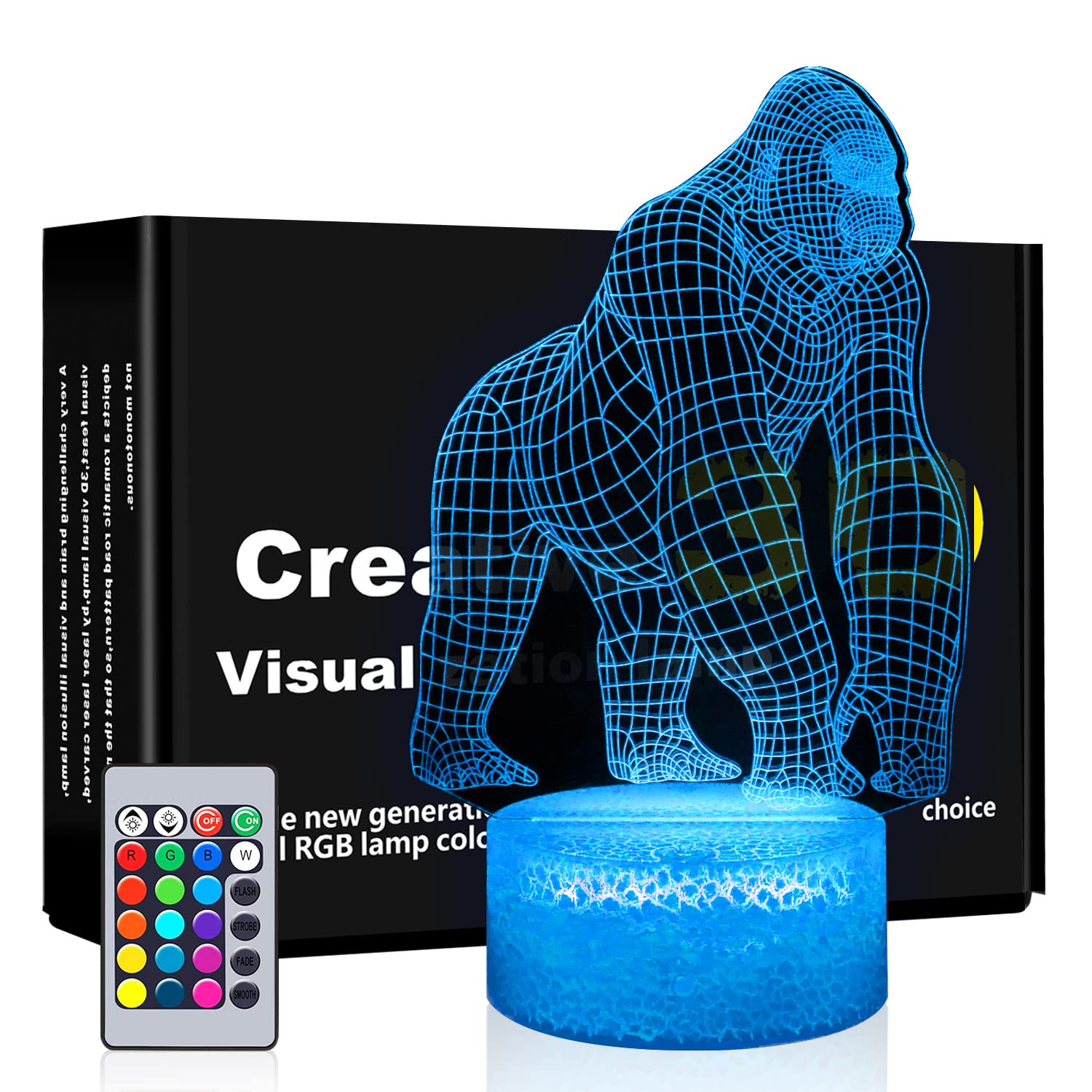 Bassi 3D Gorilla Lamp For Kids, 16 Colors Changing Remote Control 3D Night Light Gorilla Toy - Birthday Christmas Gifts For Boys