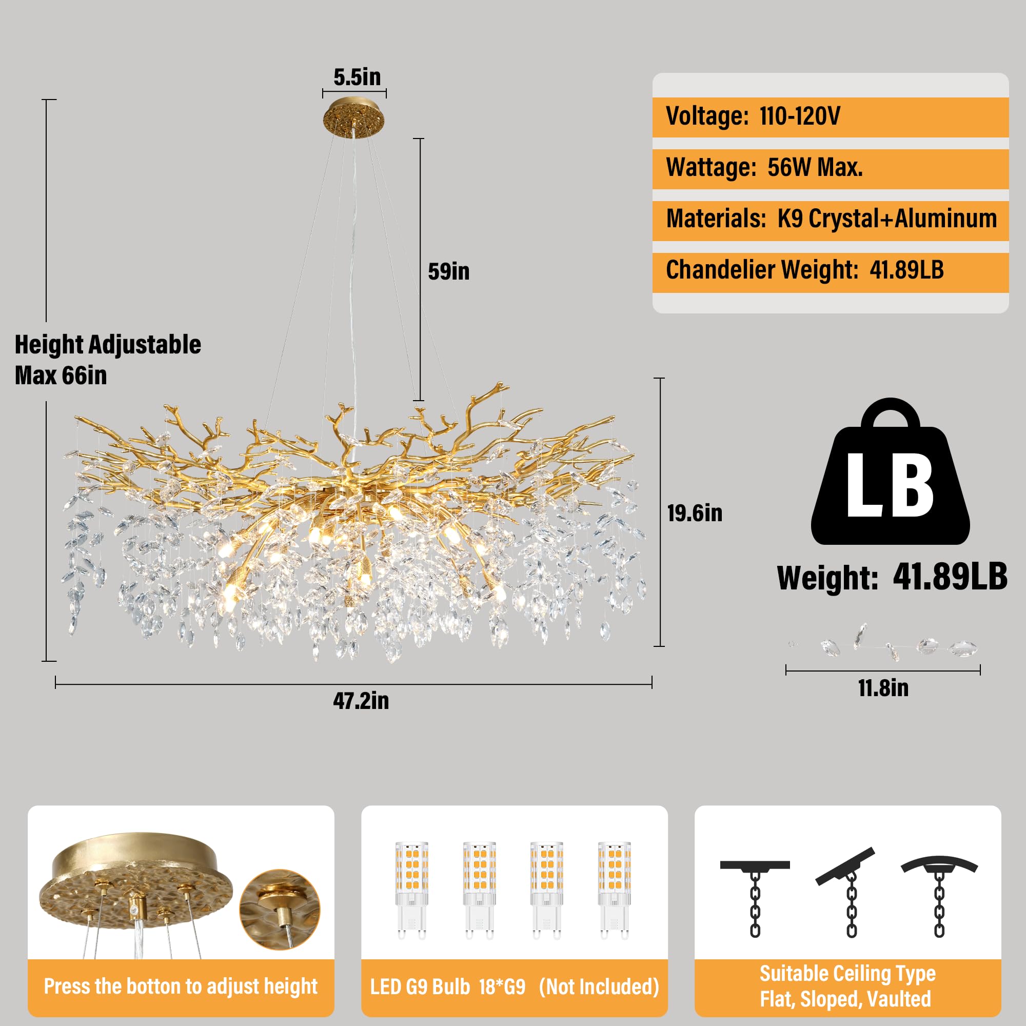 YUYI Modern Crystal Chandelier - 47" Gold Tree Branch Design, 18-Lights Raindrop Fixture for Dining Room, Kitchen, Living Room