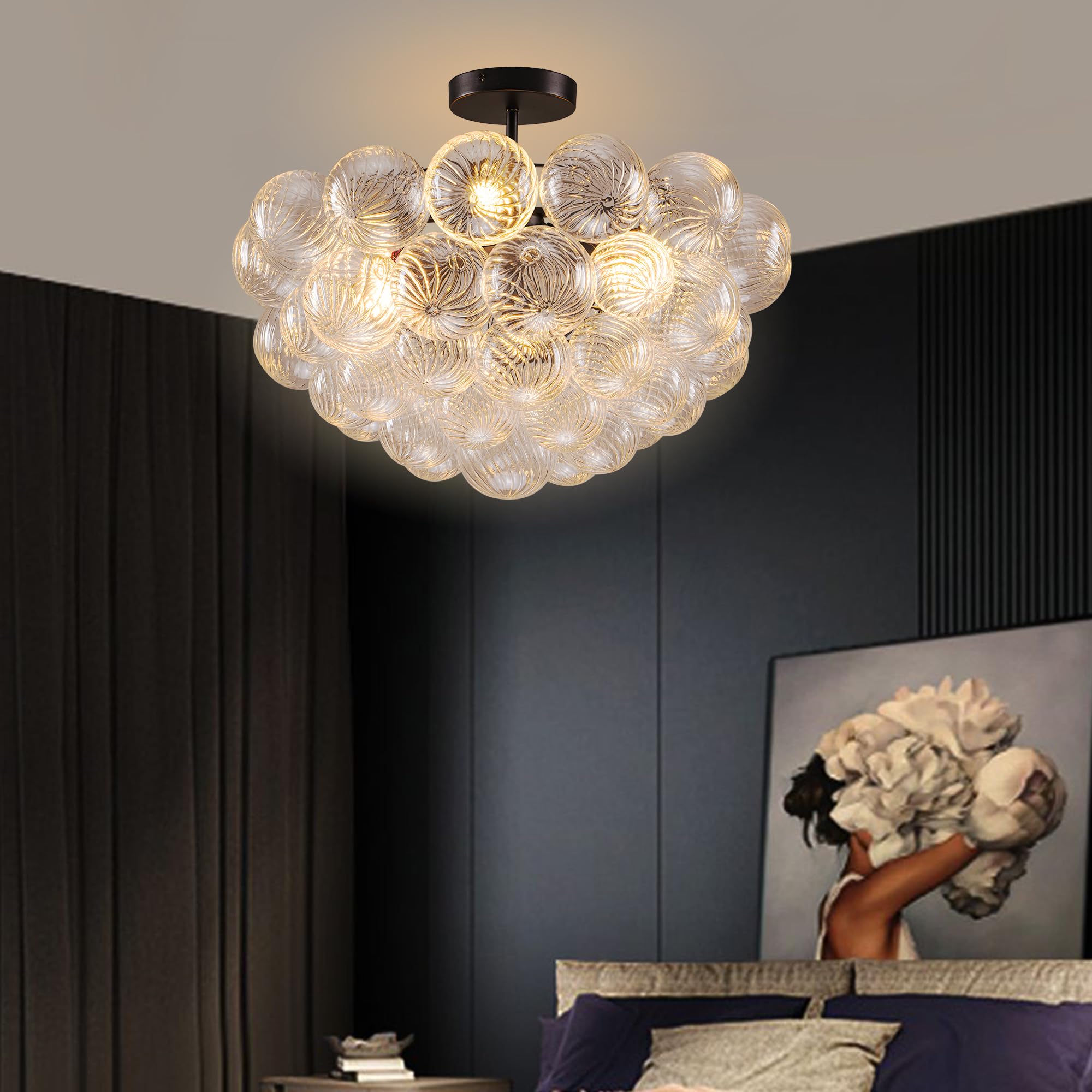 Beypan Clear Glass Bubble Chandelier With Industrial Black Frame Ribbed Blown Glass Globe Chandeliers Semi-Flush Mount Ceiling L