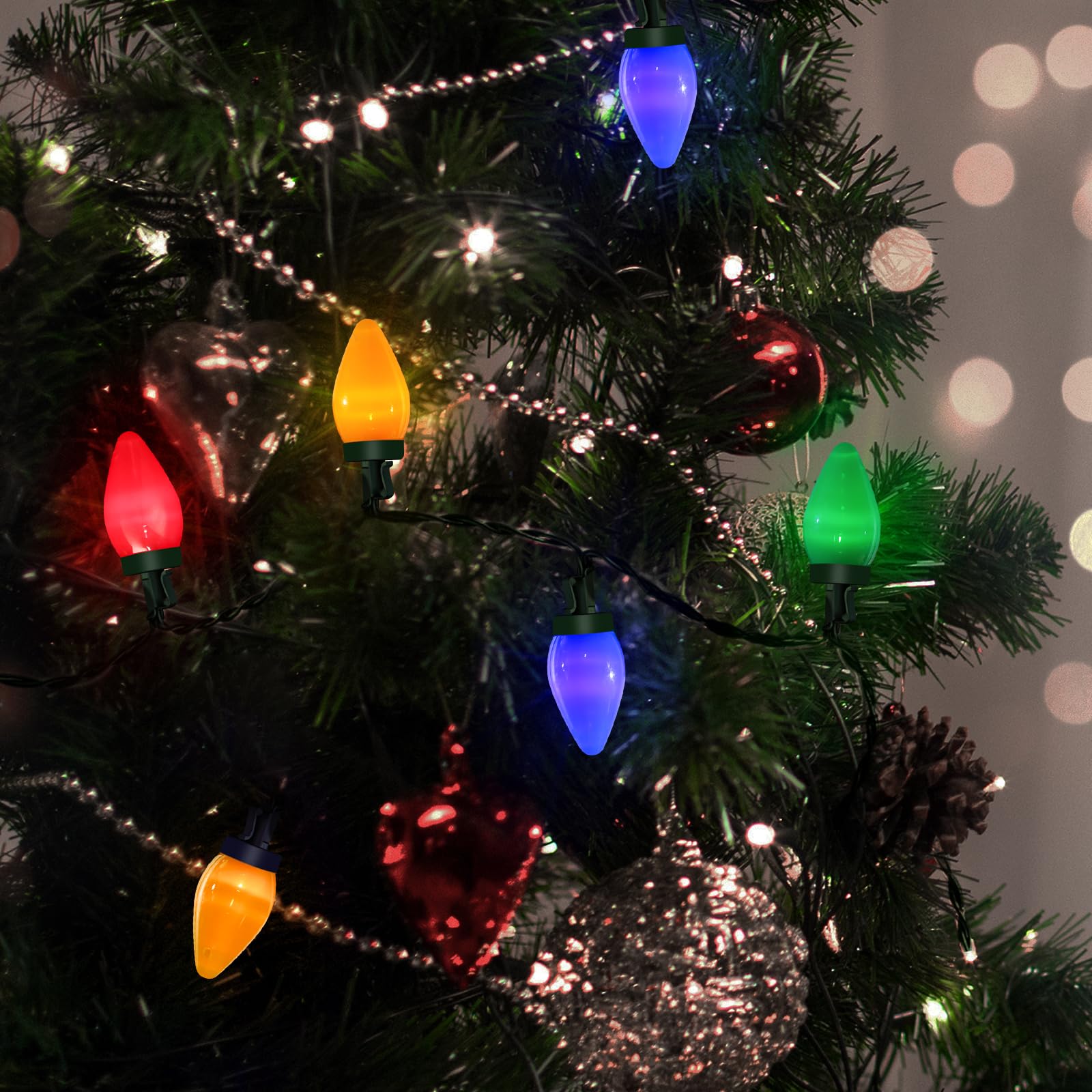 Anycosy Christmas Lights Outdoor, 100 LED C7 String Lights, Battery Operated, 8 Modes, Multicolor, Model st-ting-l191