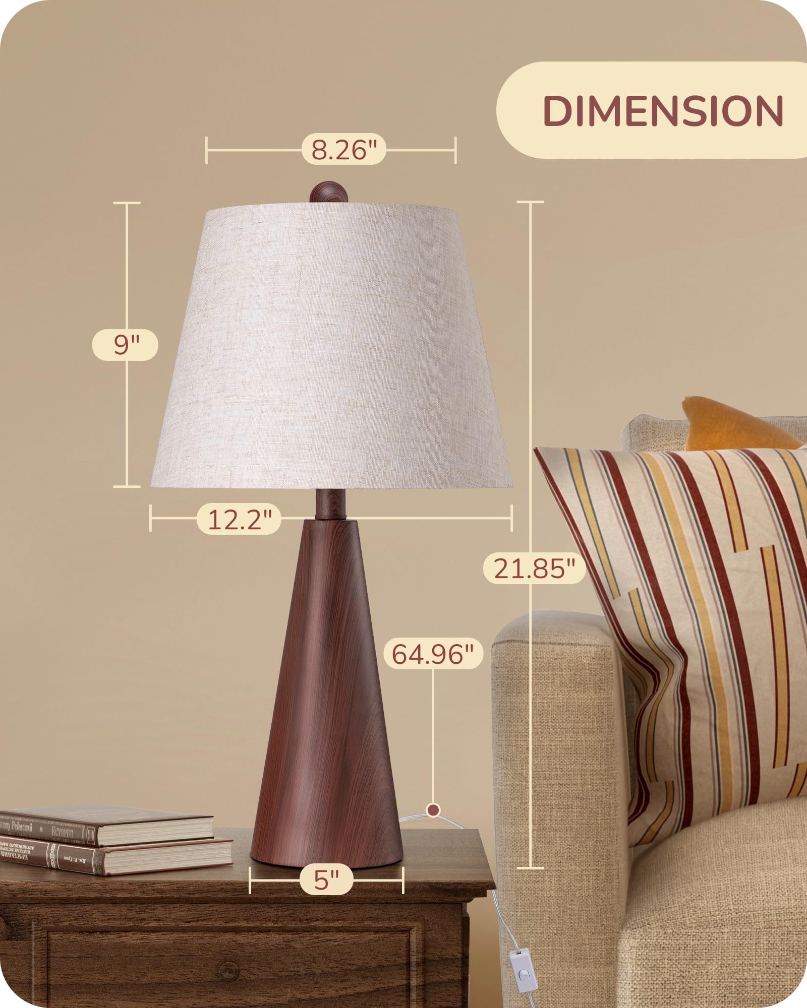 EDISHINE 21.85 Boho Table Lamp, Farmhouse Bedside Lamp, Water Transfer Red Wood Grain Metal Base, Beige Linen Shade, Rustic Nigh