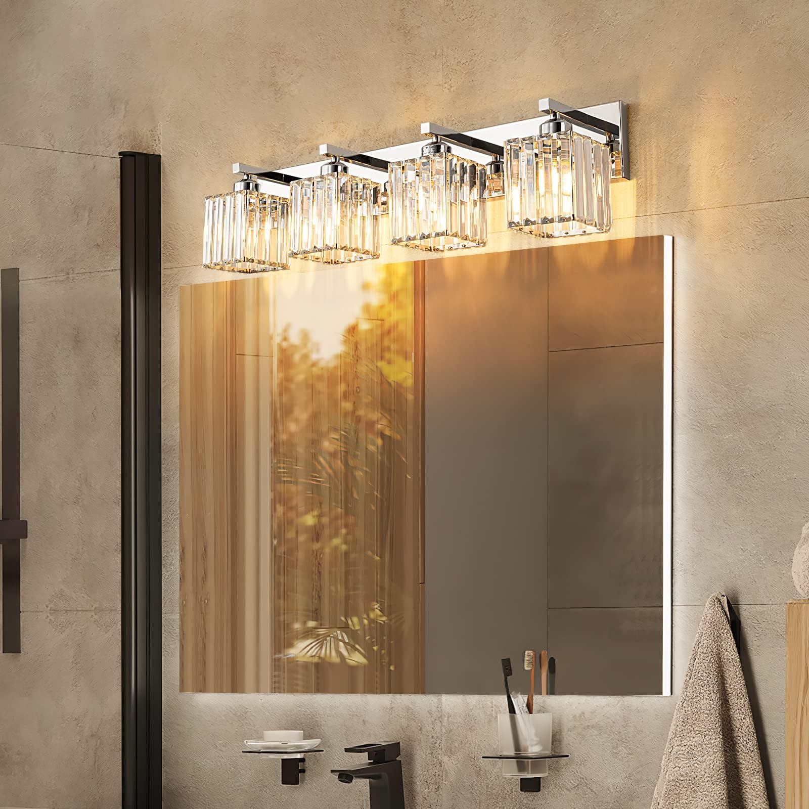Fdpby Modern Bathroom Vanity Light 4-Lights Modern Chrome Crystal Bathroom Wall Light Bathroom Vanity Light Fixtures