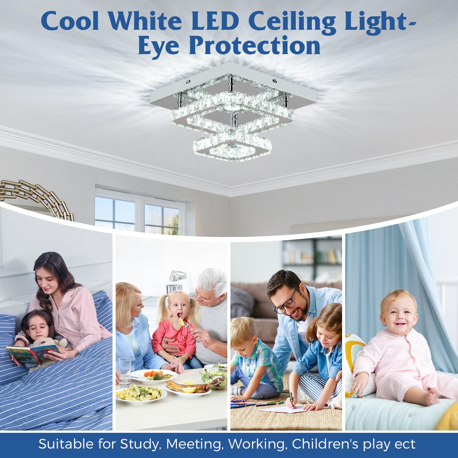 Rheafon Crystal Chandelier 9.8 Inch Modern Led Chandeliers Crystal Ceiling Light Fixtures 2 Layers Flush Mount Ceiling Light Bed