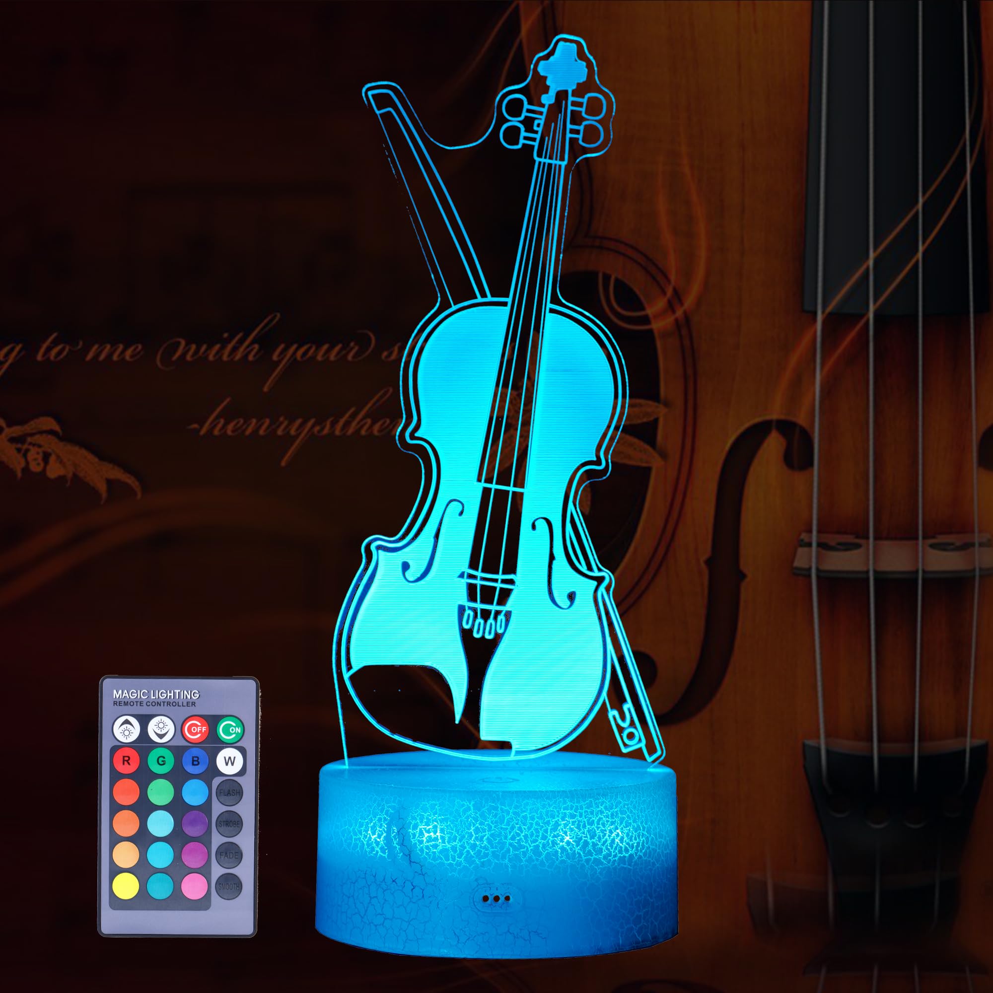 POSSHE Violin Night Light, Violin Gifts, Cello 3D Illusion Lamp with 16 Colors Changing, Remote Control and Dimmable, Kids Boys 