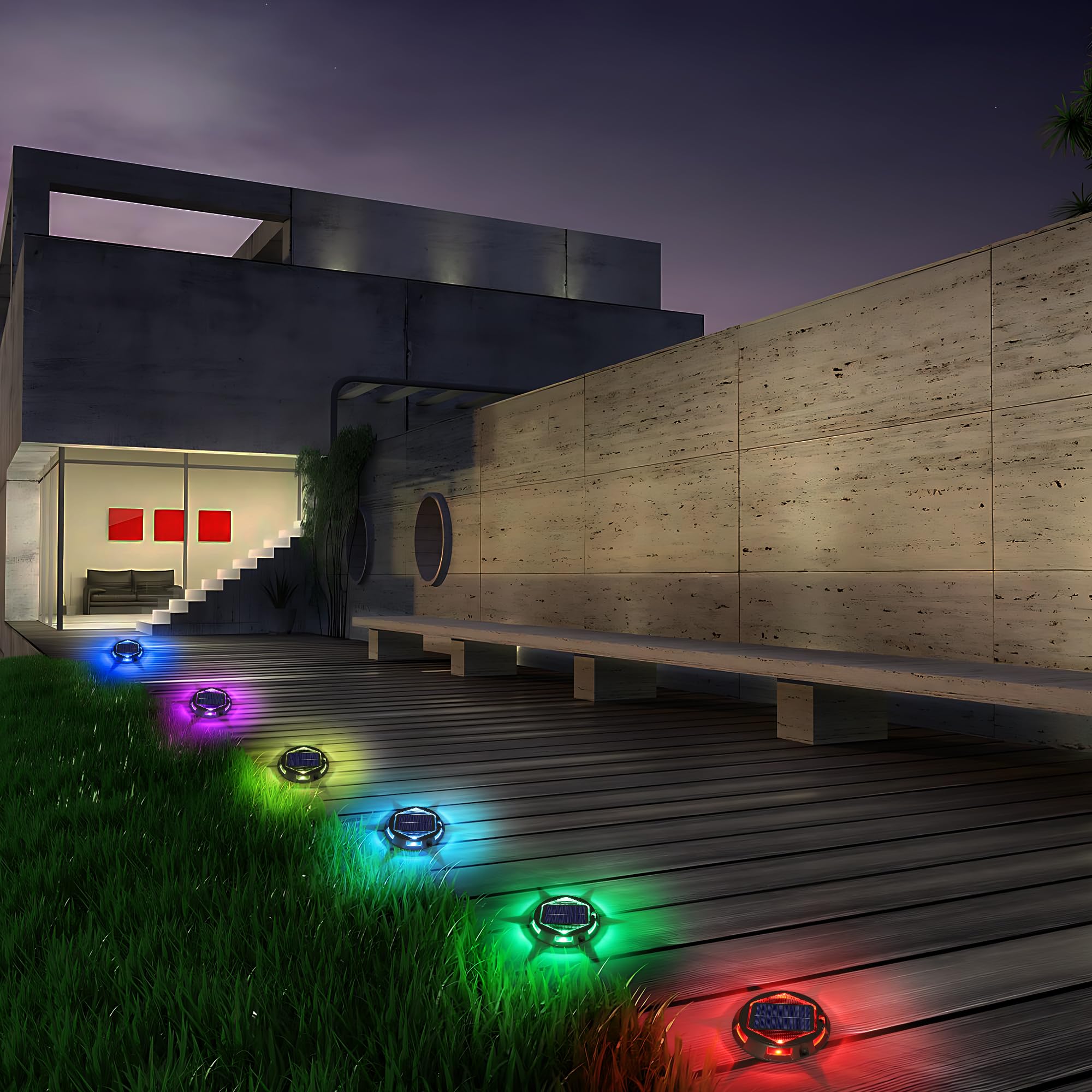 Solar Deck Light Outdoor, 6 Pack 9 Colors in 1 Solar Driveway Dock Lights, IP67 Waterproof Solar Powered Outdoor Light, RGB Step