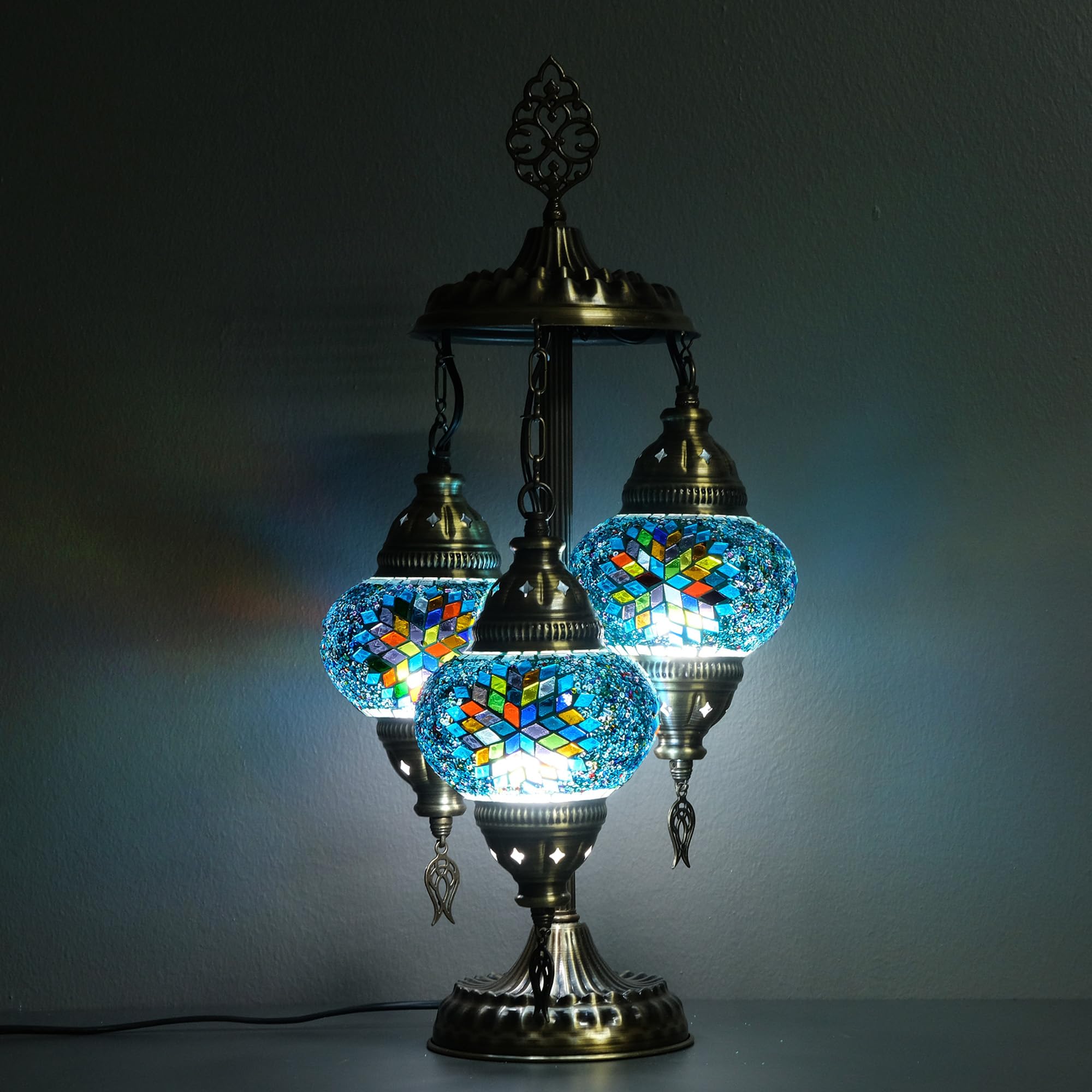 Asylove Turkish Mosaic Table Lamp, 3 Globe Lighting, 12inx12inx24in, Turquoise Mix, Model 3GlobeAPNo2