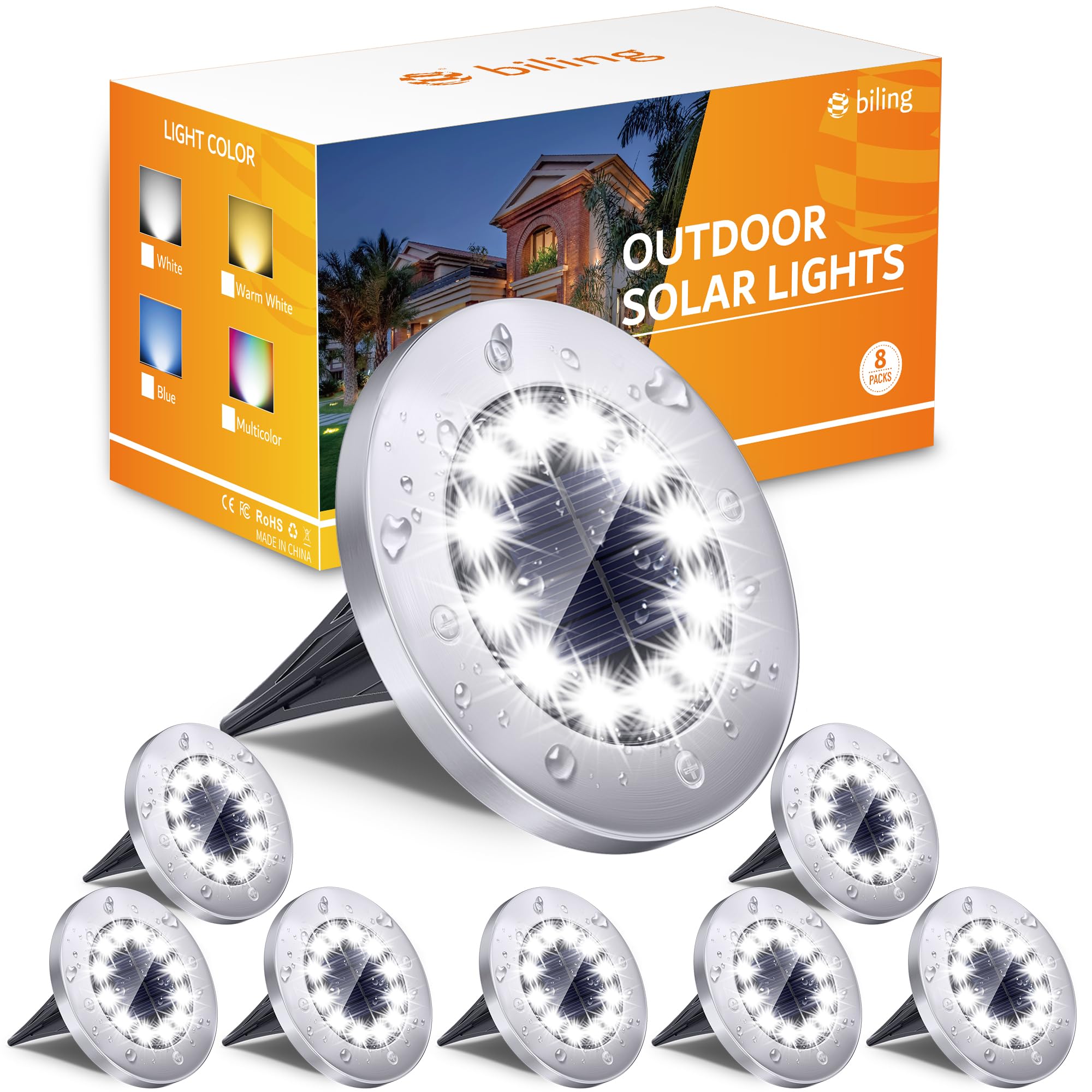 Biling Solar Ground Lights, 12 LEDs Waterproof, 8 Pack, Stainless Steel, White