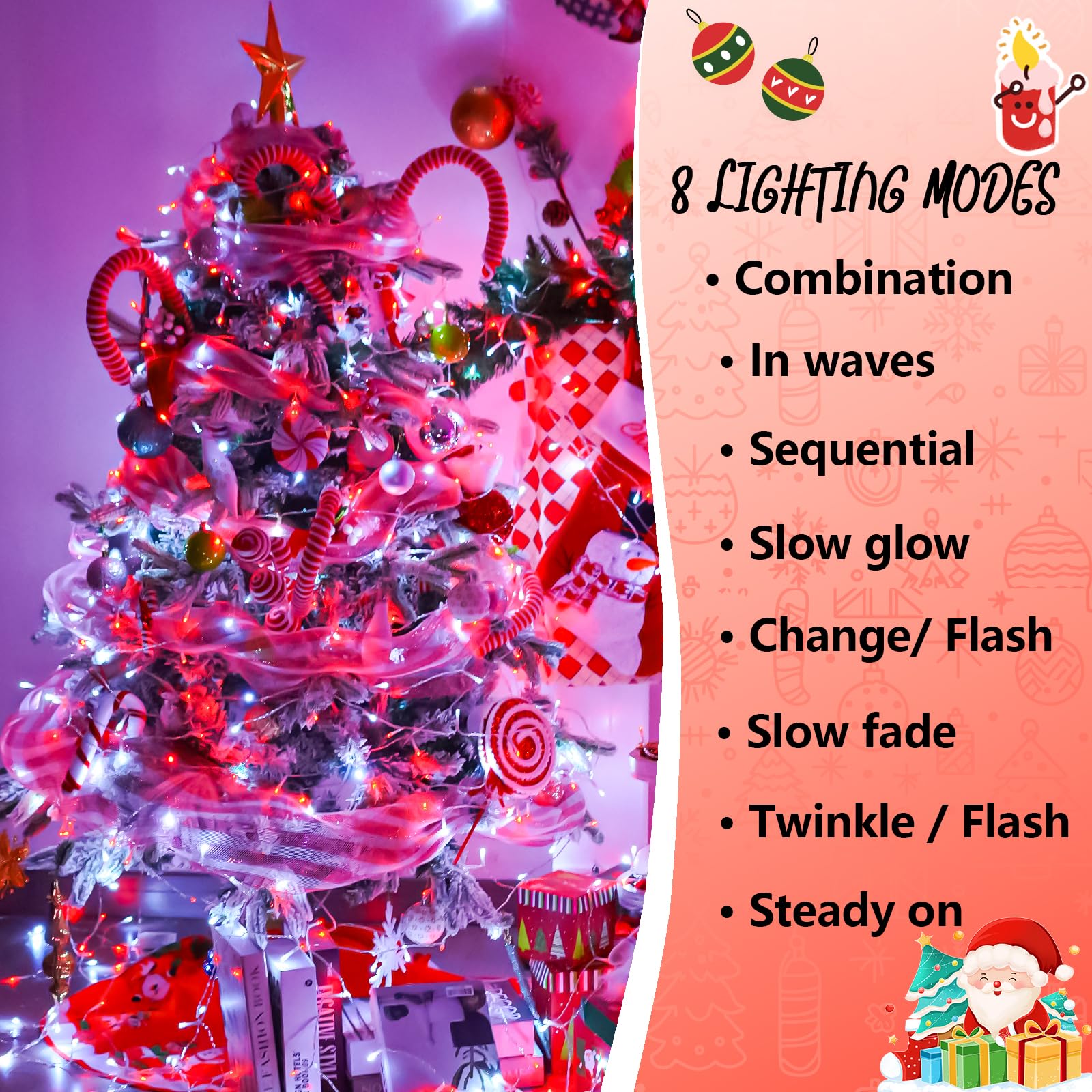 Yeguo 165Ft 500 Led Red And White Christmas Lights Outdoor Waterproof  Clear Wire String Lights Indoor Plug In  8 Modes Clear Wire Twinkle Tree Light For Xmas Party Garden