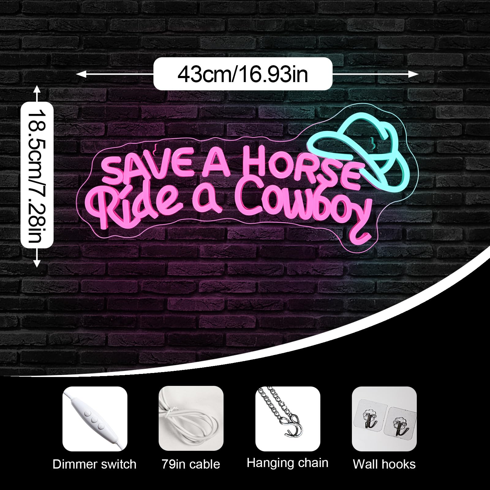 DREAMFORT LED Neon Sign - Save A Horse Ride A Cowboy, USB Powered, Adjustable Brightness, 42x18.5cm, Acrylic Wall Decor