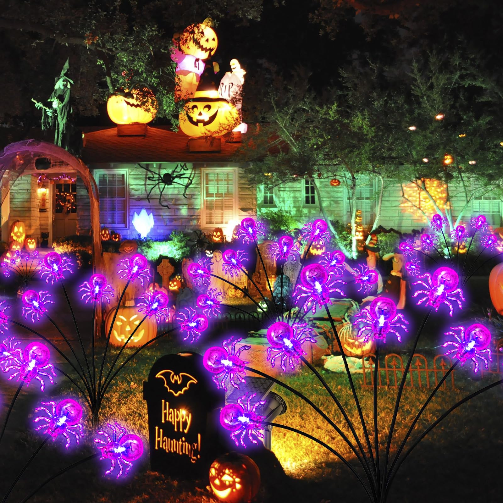 4 Packs Halloween Decorations Outdoor Scary Sloar Spider Lights,32Led Purple Spider Swaying Firefly Lights,Waterproof Solar Halloween Path Lights For Yard/Garden/Lawn/Party Decor(Spider)