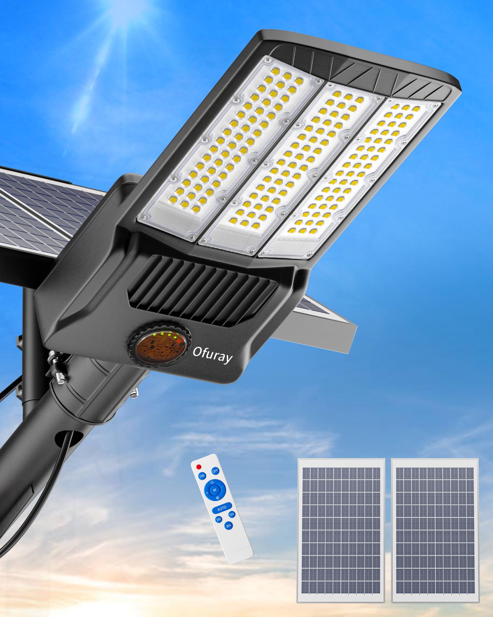 Ofuray Of-9800W Solar Street Lights Outdoor, 750000Lm Solar Parking Lot Lights Commercial Dusk to Dawn, 6500k IP67 Led with Remo
