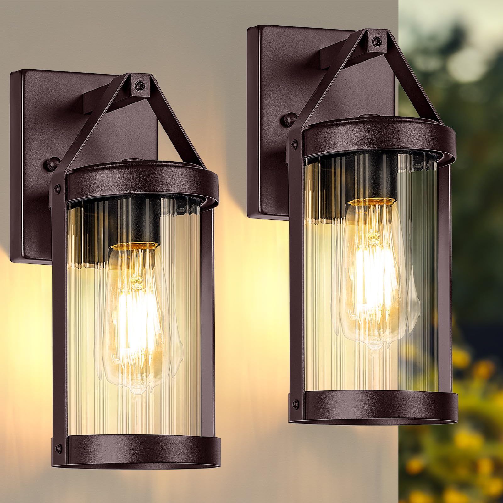 2-Pack Outdoor Wall Lights, Waterproof Light Fixtures Wall Mount with Clear Ribbed Glass, Modern Brown Exterior Wall Sconce Fron