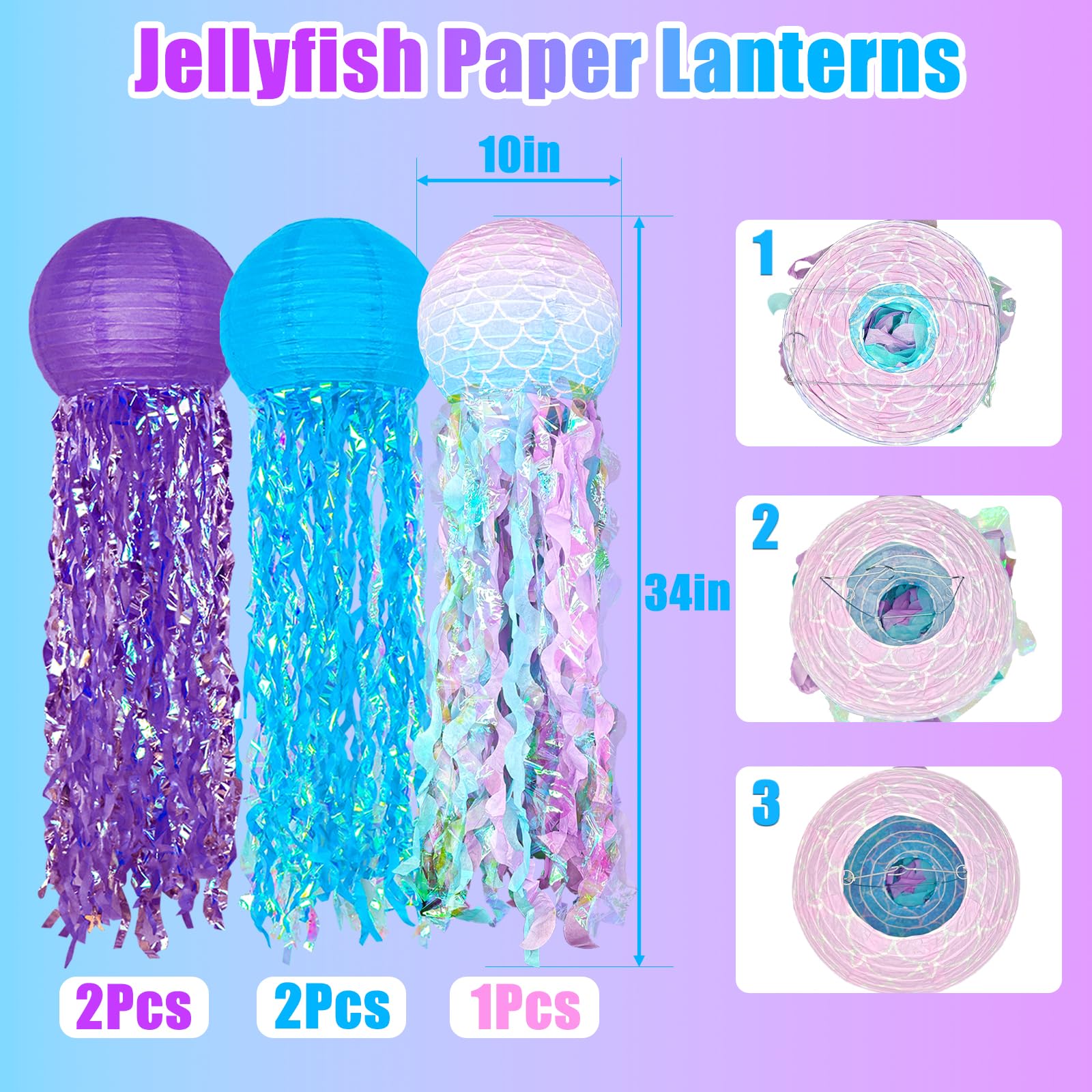 Blue Purple Hanging Jelly Fish Paper Lanterns, Gradient Colorful Paper Lanterns For Mermaid Theme Party, Turtle Party, Under The