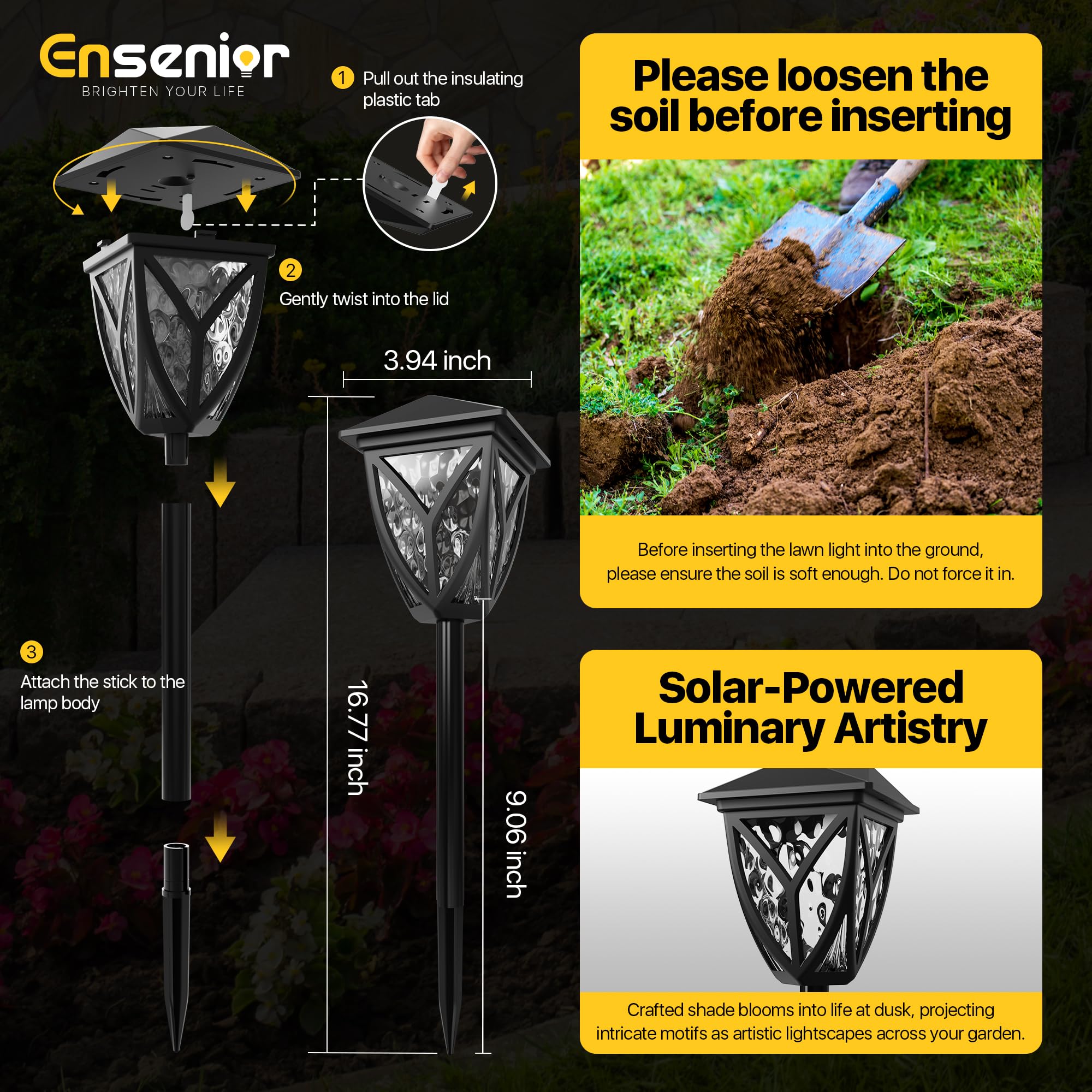 Ensenior 12-Pack Solar Lights Outdoor  16.77 3000K Led Solar Garden Lights For Pathway  Yard  Patio  Walkway  Planter  Waterproof  Energy-Efficient Landscape Lighting