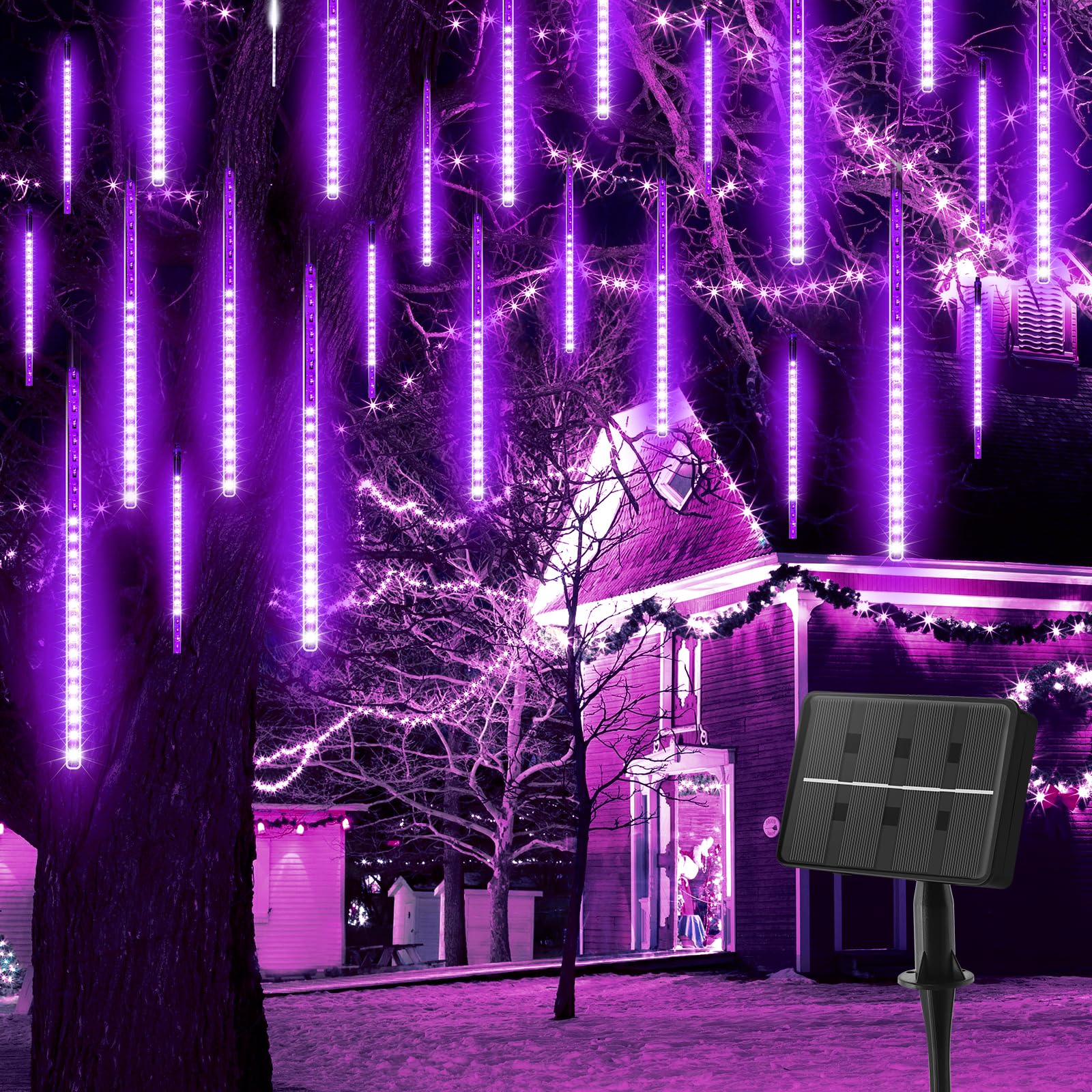 Minetom Solar Meteor Shower Lights 20 Tubes 720 LED 16 Inch Outdoor Waterproof Purple Christmas Decoration