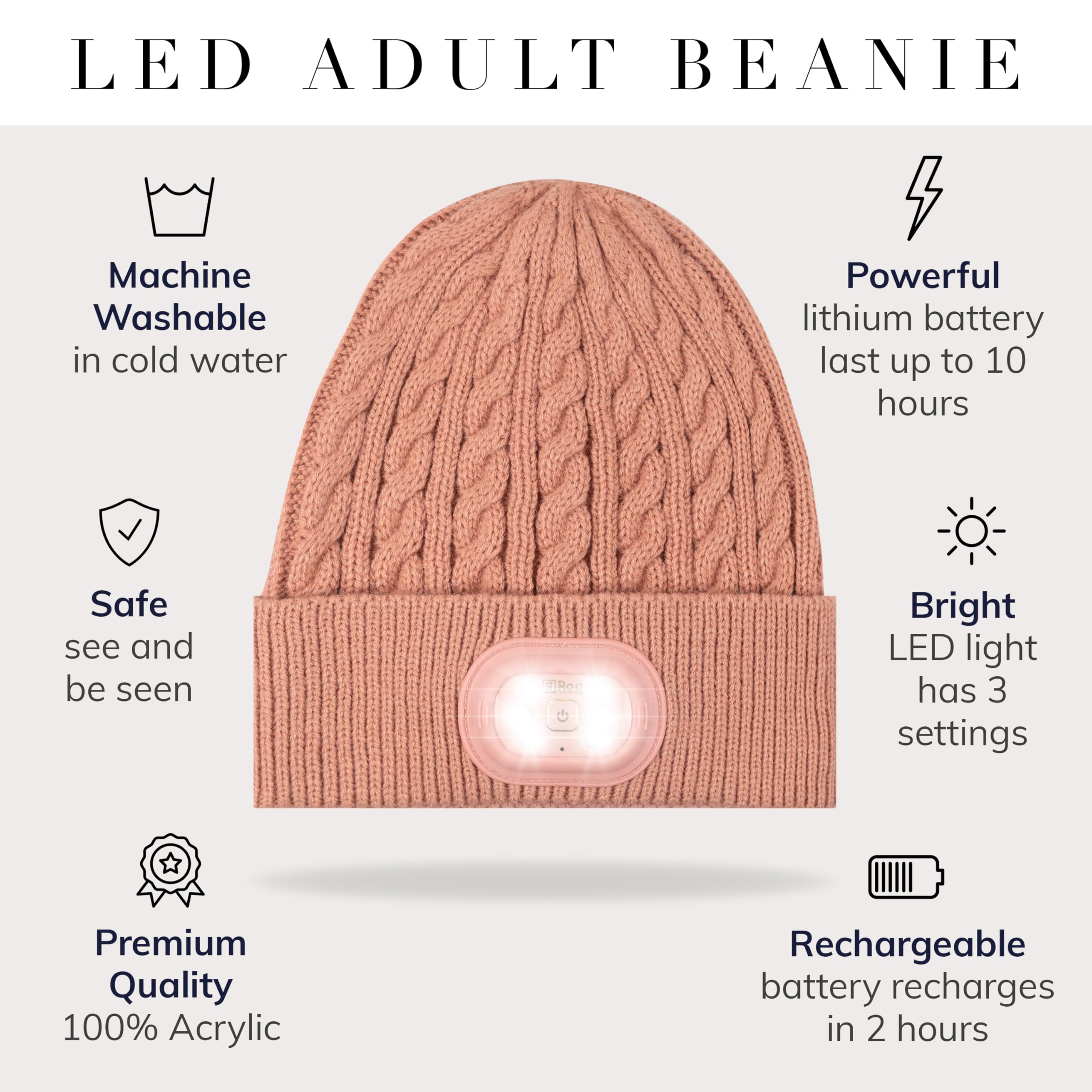 Head Lightz Headlightz By Roq Innovation - Beanie With Light, Unisex Led Beanie Hat With Light Built In, Rechargeable, Pink-Mono