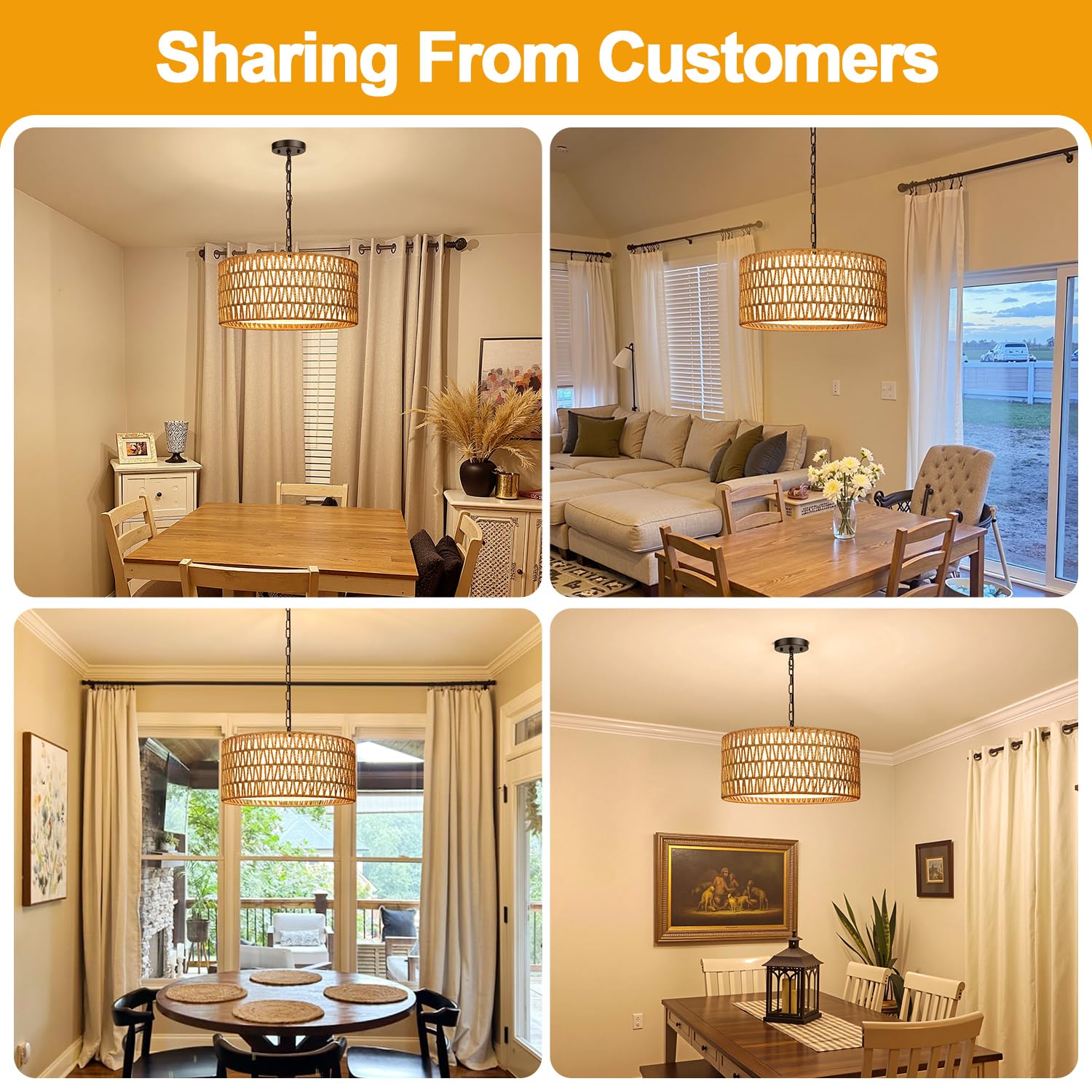 Lynnoland 5-Light Farmhouse Chandelier, Hand Woven Rattan Pendant Light, Rustic Brown Lighting for Dining Room, Kitchen, Bedroom