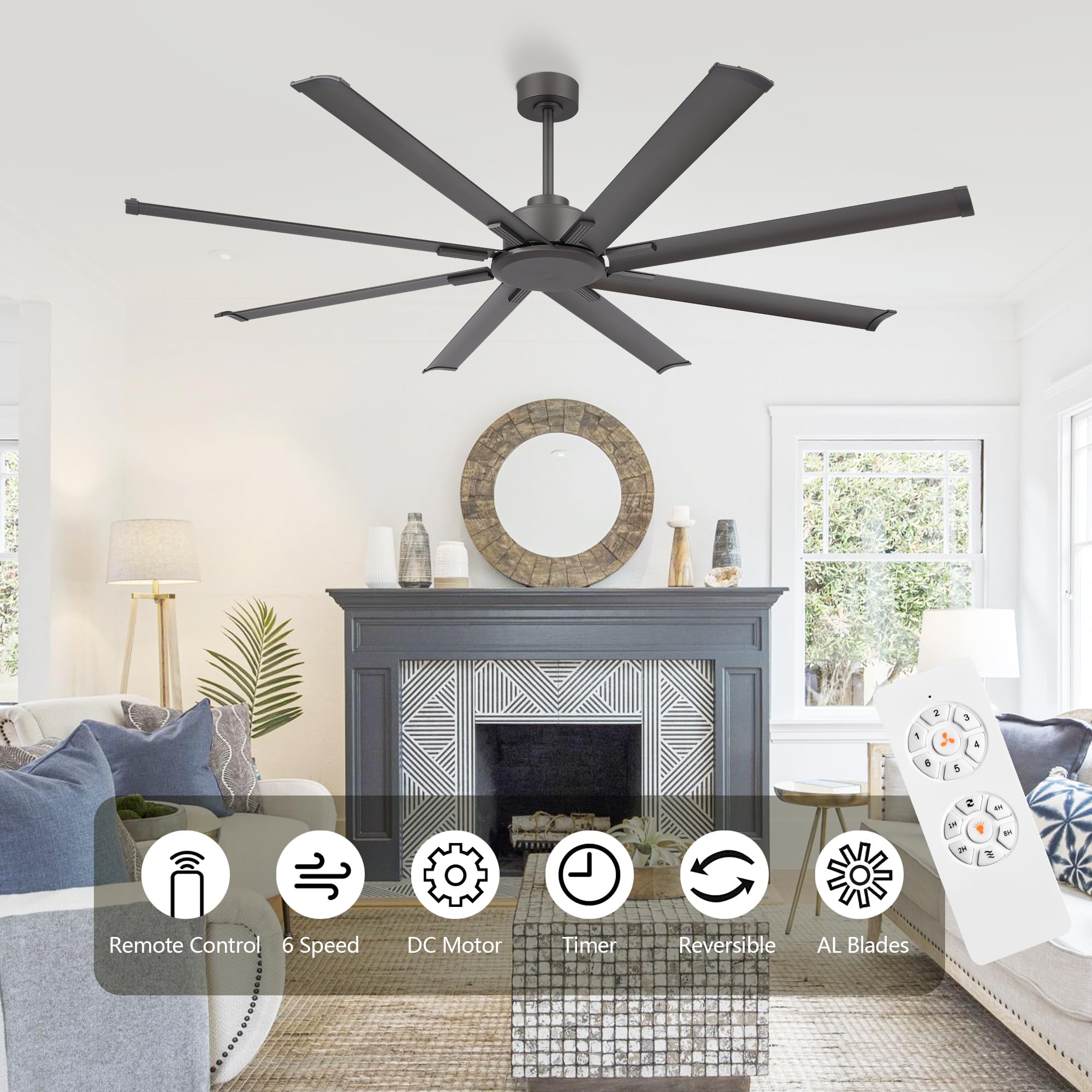 LEDLUX 72" Ceiling Fan, Reversible DC Motor, 6-Speed Remote, Industrial Aluminum Blades, Charcoal Grey, Model SYCF7212