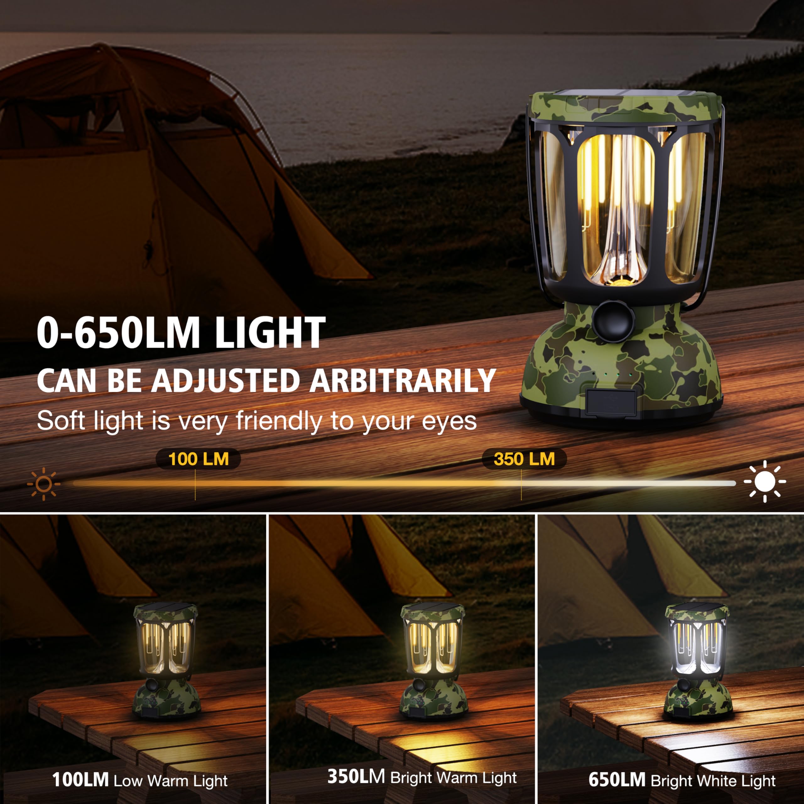 Raynic 6000 LED Camping Lantern, 650LM, Hand Crank, Solar Powered, Camo-Green, Model CL7000, Rechargeable Emergency Light
