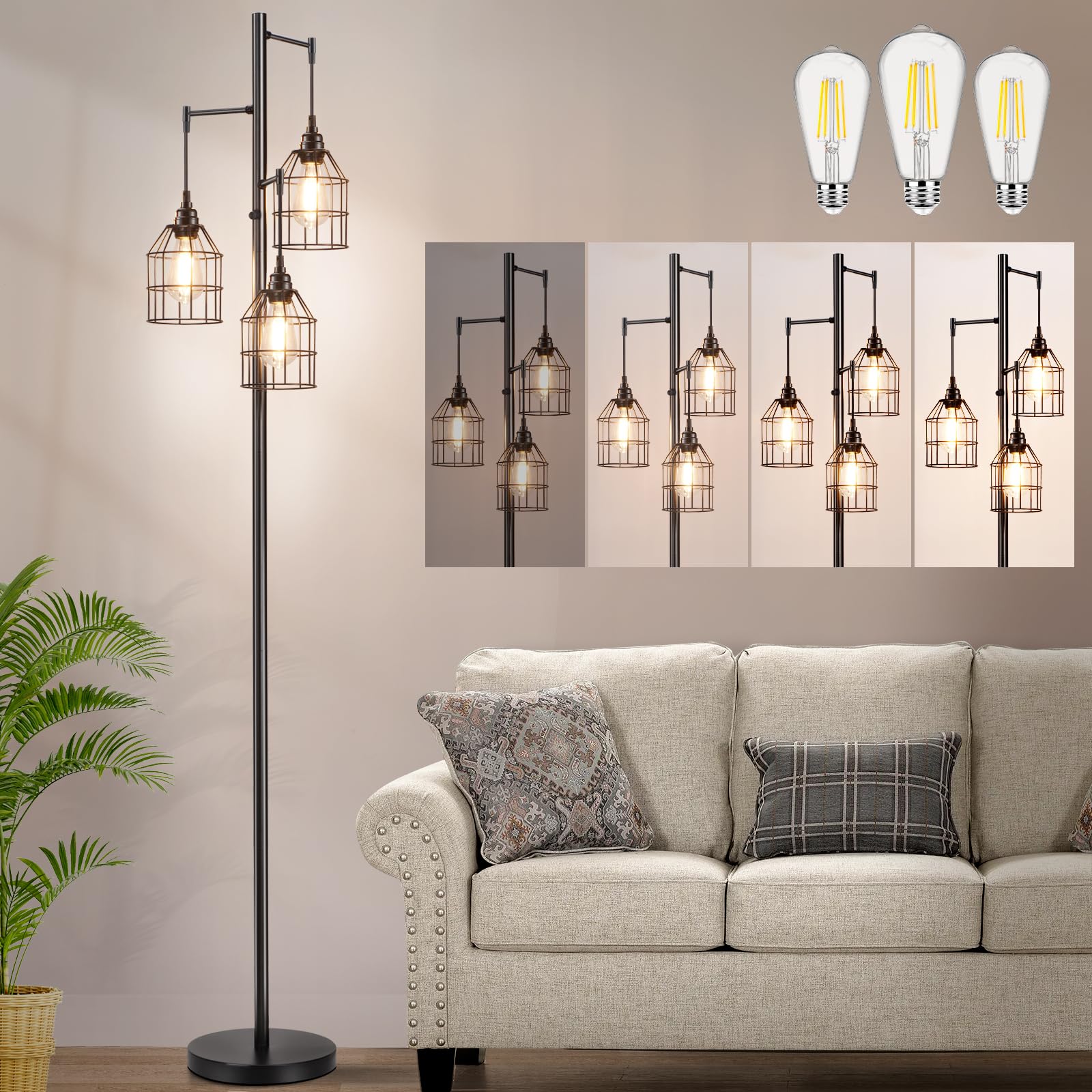 Sucolite 70'' Dimmable Floor Lamp for Living Room, Industrial 3-Light Tree Floor Lamp Black with Cages, Farmhouse Rustic Tall St