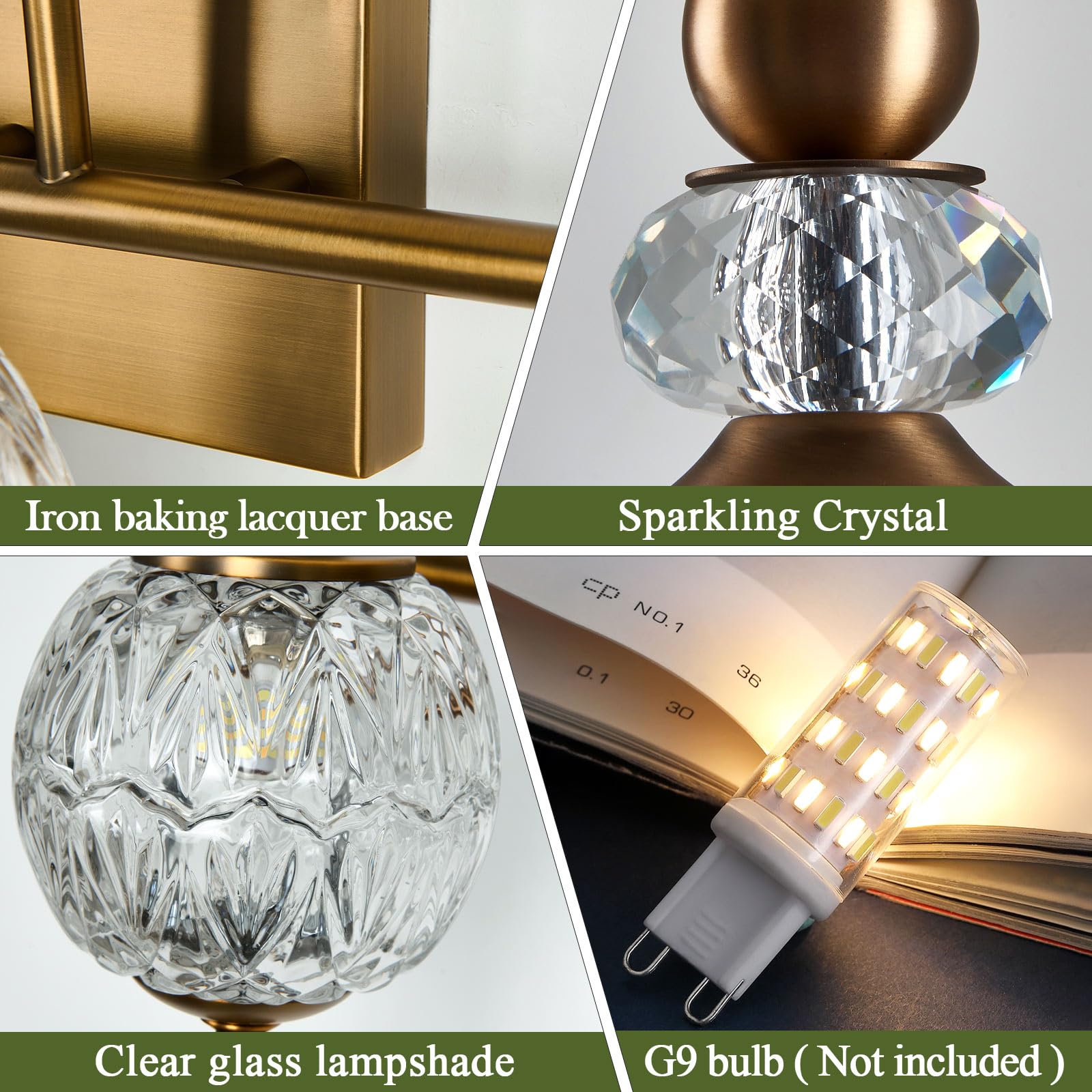 Piepooye Vintage Bathroom Light Fixtures - 4 Light Gold Vanity Sconce with Glass Globe, Brushed Brass, Model R-3033, Ideal for Indoor Use