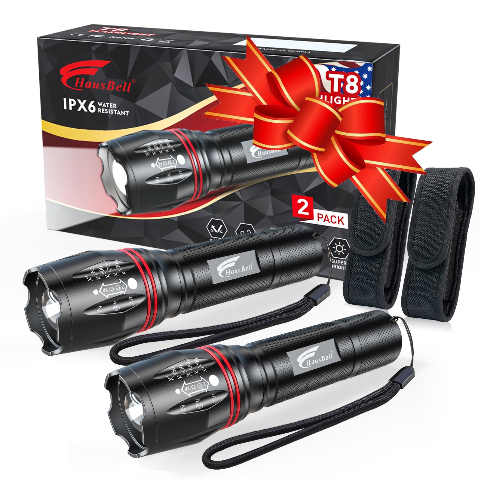 Hausbell T8 Upgraded Flashlight Bright, Zoomable Tactical Led Flashlights Flash Light With High Lumens And Five Modes And Campin