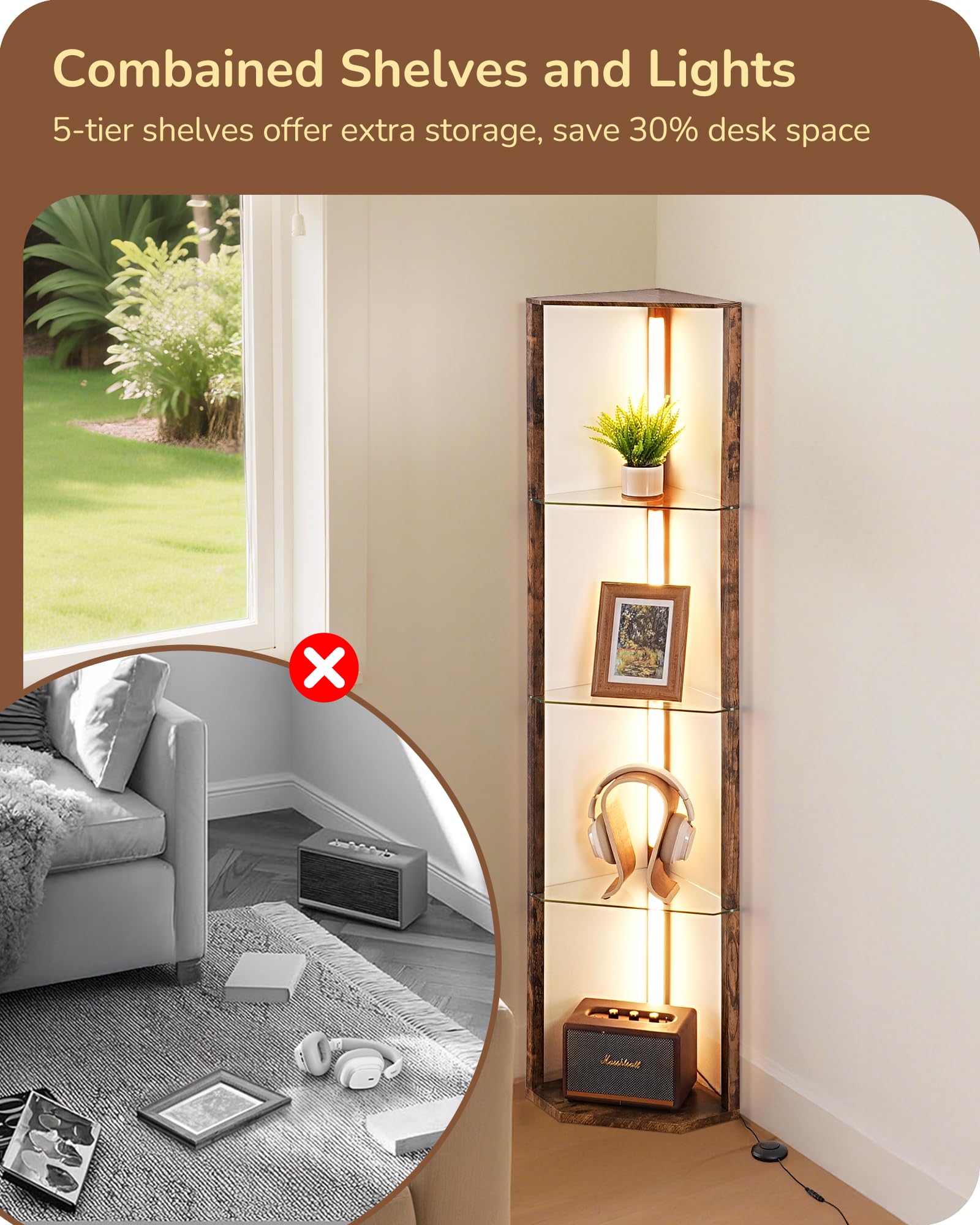 EDISHINE Corner Shelf with Light, 5-Tier Glass Display, Dimmable Lamp, 63.7 inches, Burnt Wood, Model HLFL06N