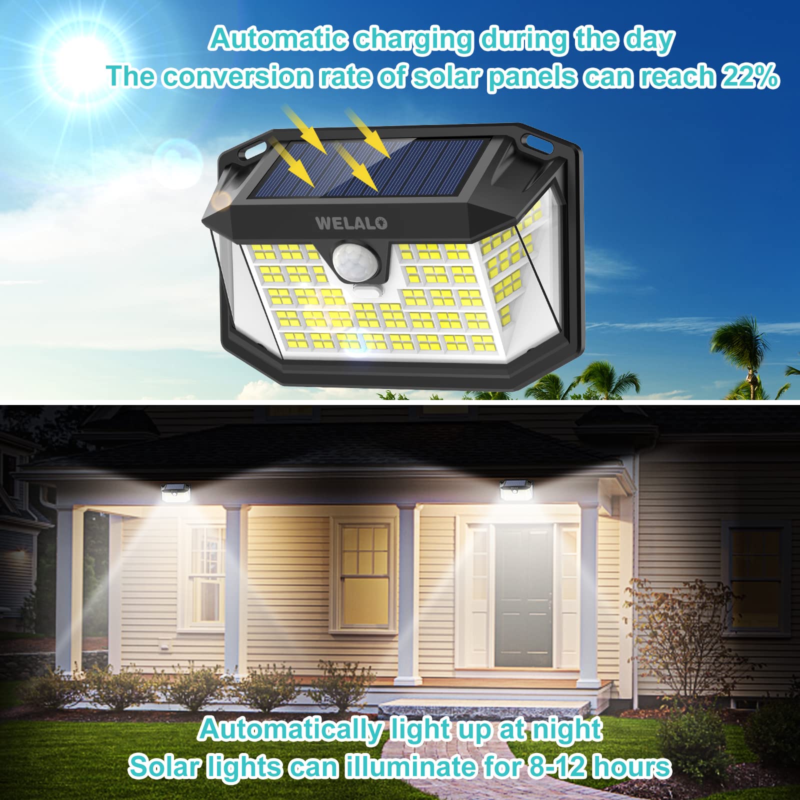 Solar Motion Sensor Lights Outdoor, [3 Modes/4 Pack/188 Led] 270 Wide Angle Lighting,Security Solar Powered Wall Lights, Ip65 Wa