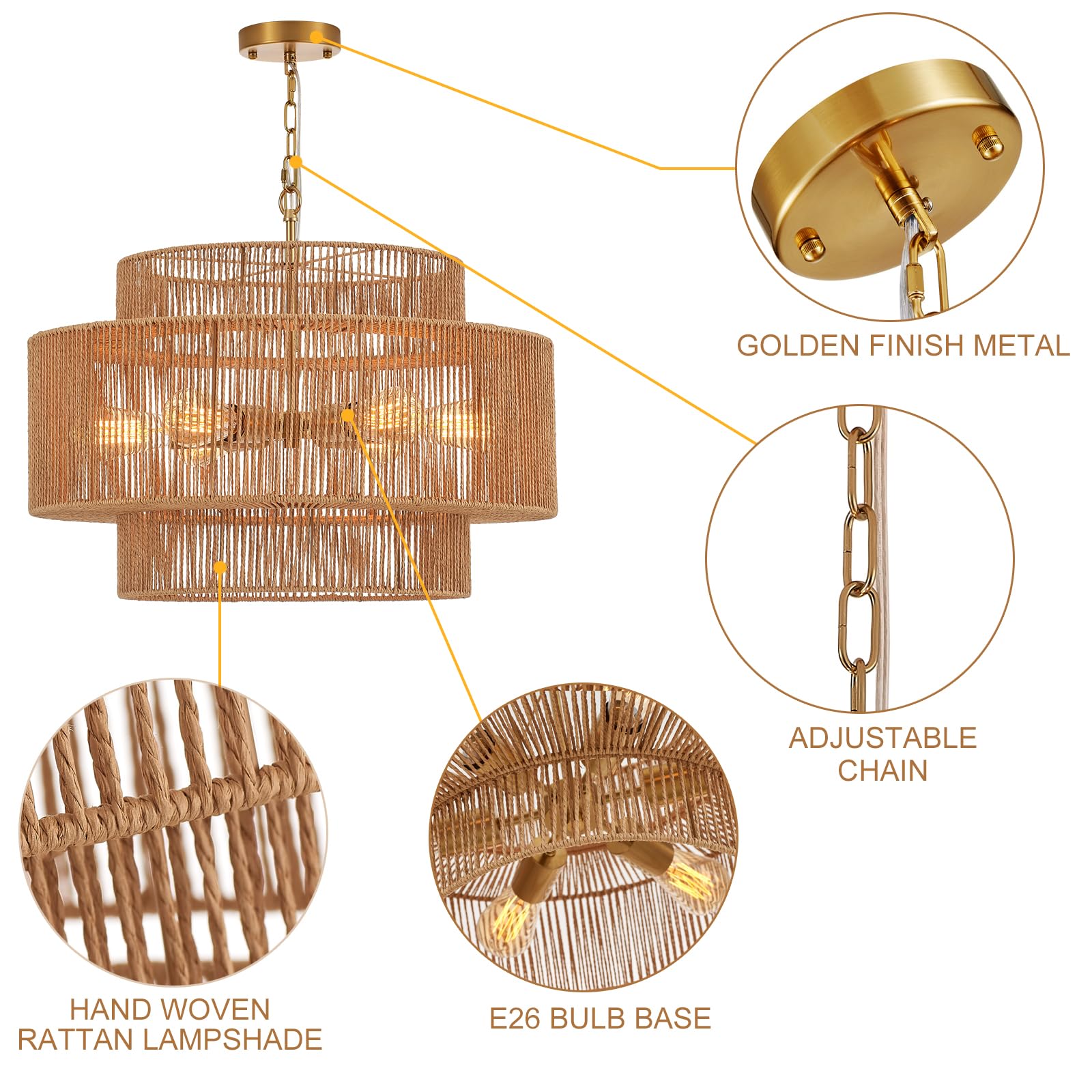 Widluth 23.6" Rattan Chandelier Light Fixture Vintage 6-Lights Boho Hand-Woven Bamboo Chandelier Retro Farmhouse 3-Tier Drum Wicker Rattan Golden Chandelier For Dining Room, Kitchen, Living Room