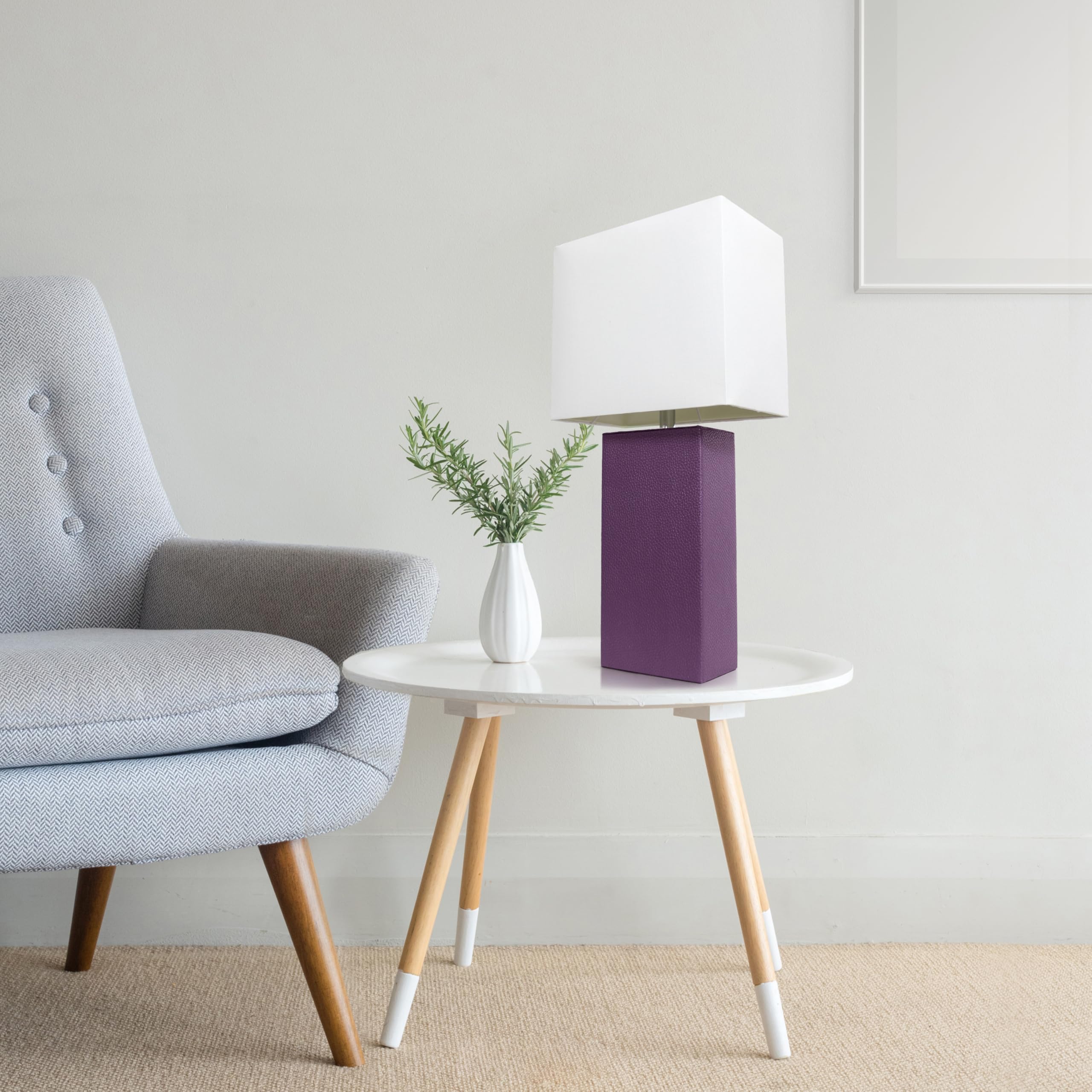 LALIA HOME 21in Leather Base Bedside Table Lamp, Eggplant Purple Fabric Shade, Modern Design for Living Room, Bedroom, Office, Model LHT-3008