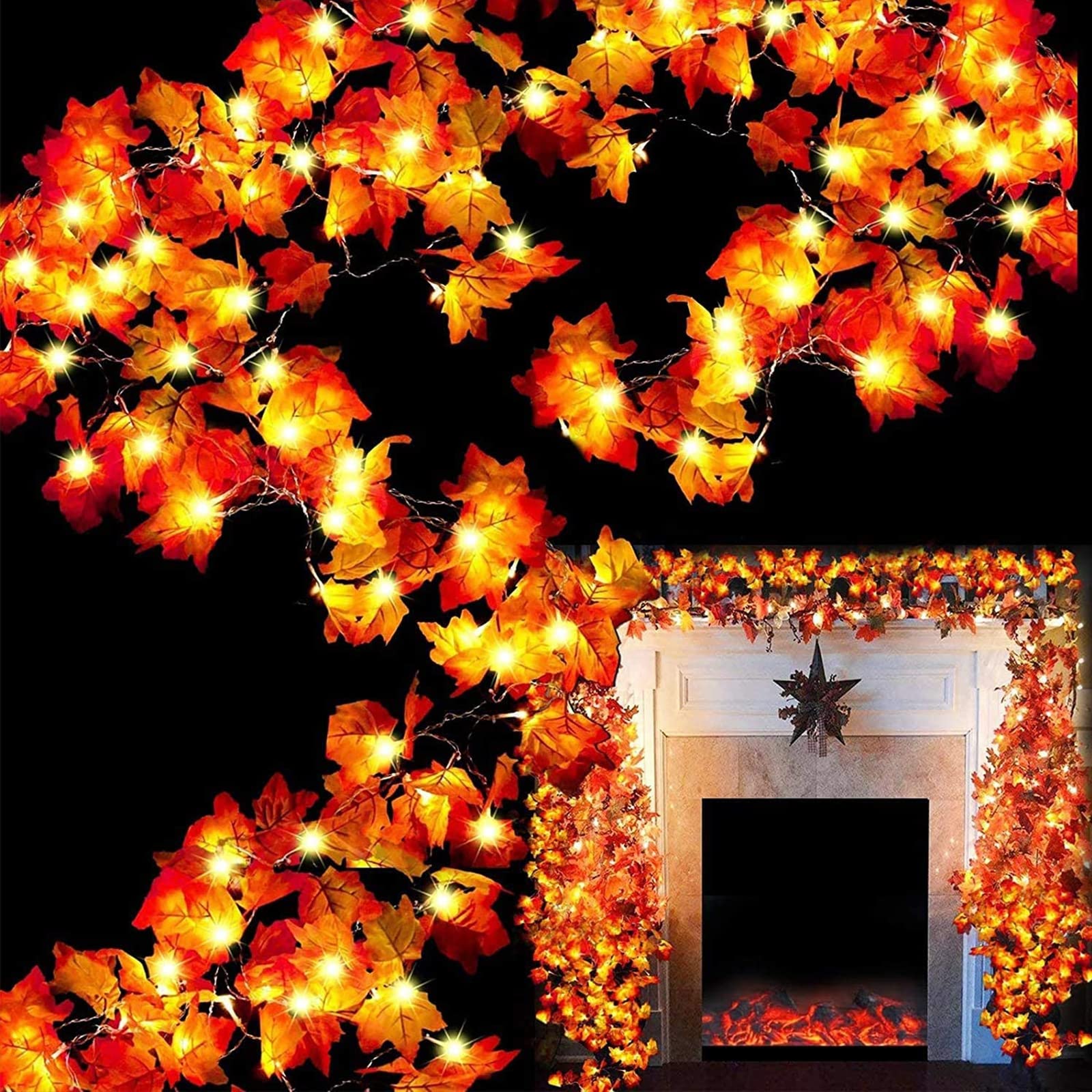 TURNMEON 6 Pack Thanksgiving Decorations Enlarged Maples Leafed Fall Decorations for Home Fall Lights Thick Leafs Garlands, Total 60Ft 120LED Battery Operated Waterproof Halloween Decor Indoor Outdoor
