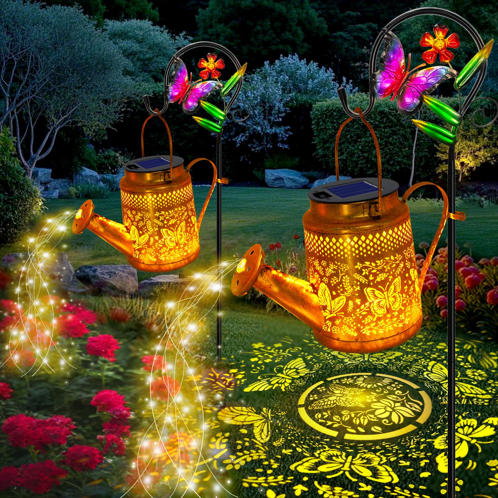 2 Pack Solar Powered Butterfly Watering Can Lights Waterproof Outdoor Decor With Shepherd Hook Hanging Patio Lights For Yard  Garden  Backyard Perfect Gardening Birthday Gift For Women  Mom  Grandma