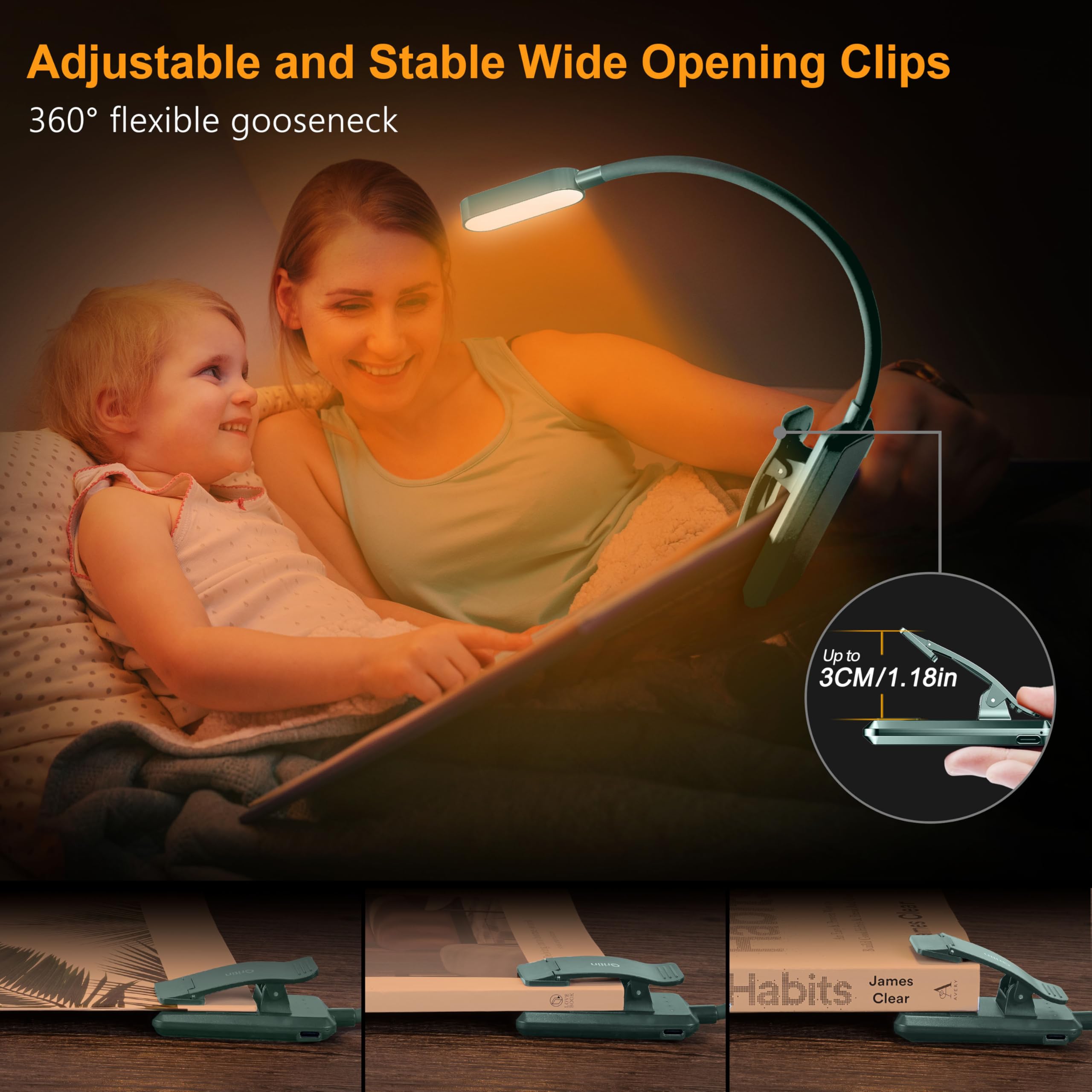 Gritin 16 LED Rechargeable Book Light, Eye-Caring, 3 Color Temperatures, Stepless Dimming, Lightweight, Green, Model G1331