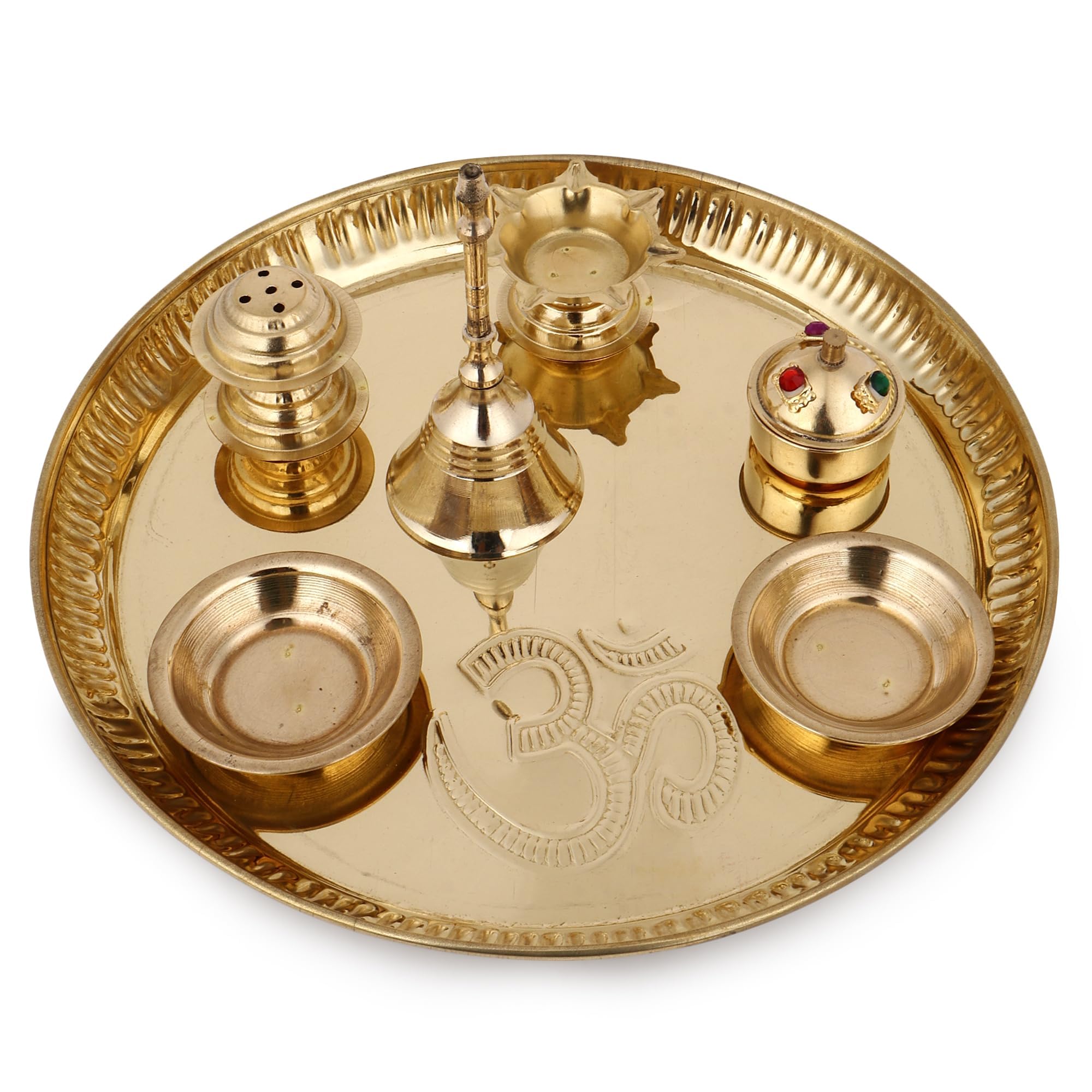 Hashcart Brass Puja Thali Set (8.75 Inch) Pooja Thali Aarti Thali With Diya, Agarbatti Holder And Other Accessories, Religious Spiritual For Home Mandir Temple Diwali Gift