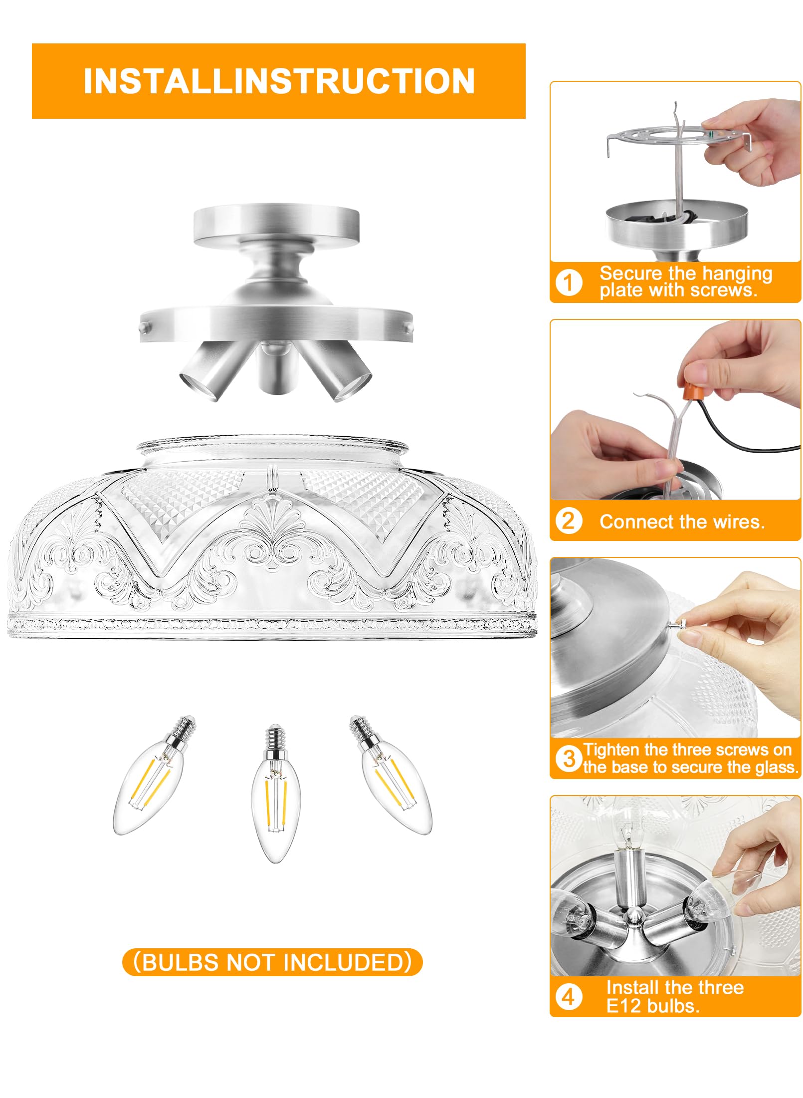 Slypadan Semi Flush Mount Ceiling Light, 12 Inch Large Silver Ceiling Light Fixture, 3-Light Globe Glass Farmhouse Kitchen Light