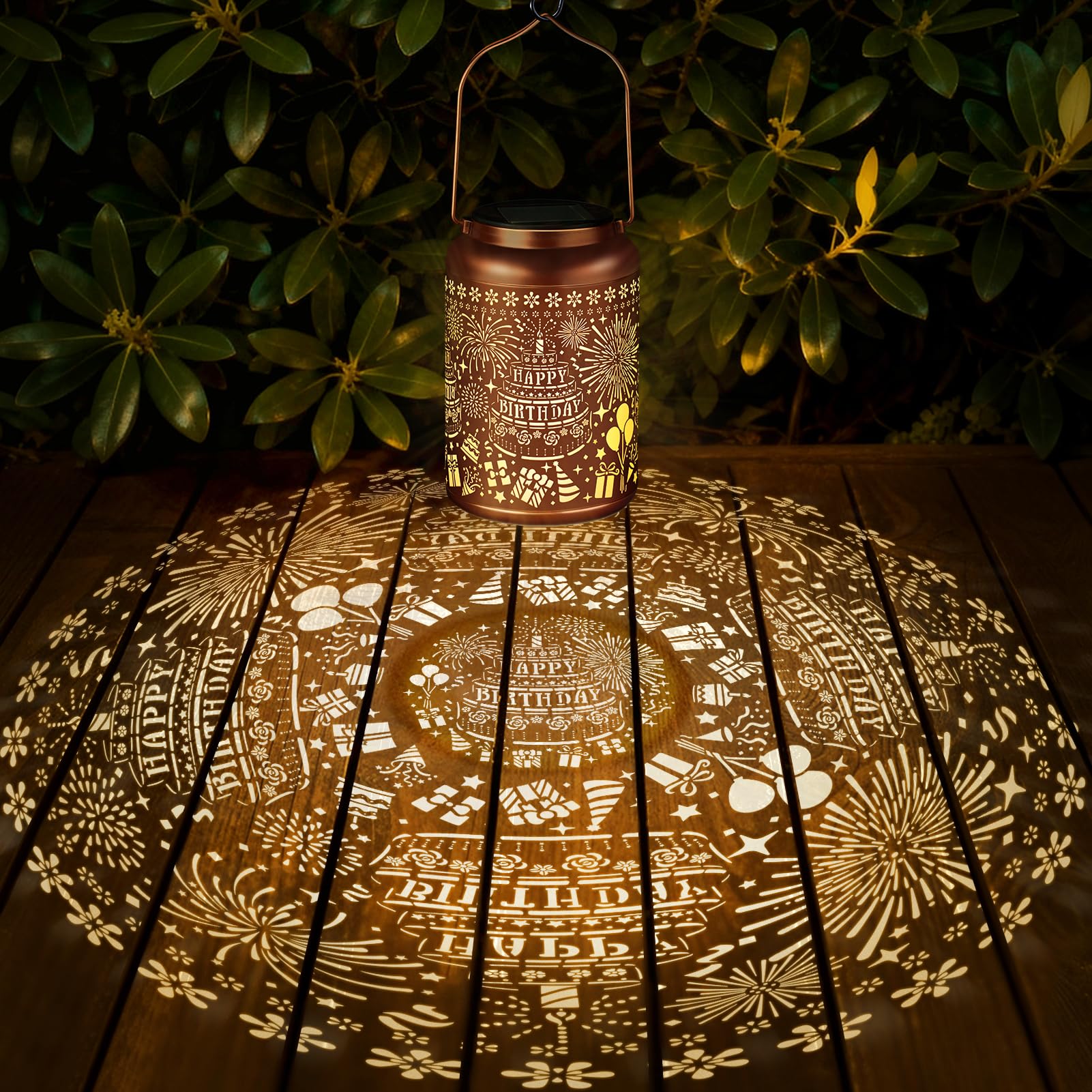 HEGUD Solar Lantern Outdoor Garden Decor - Waterproof Metal Hanging Light, Gold, Model OGS-SL-H-HappyB