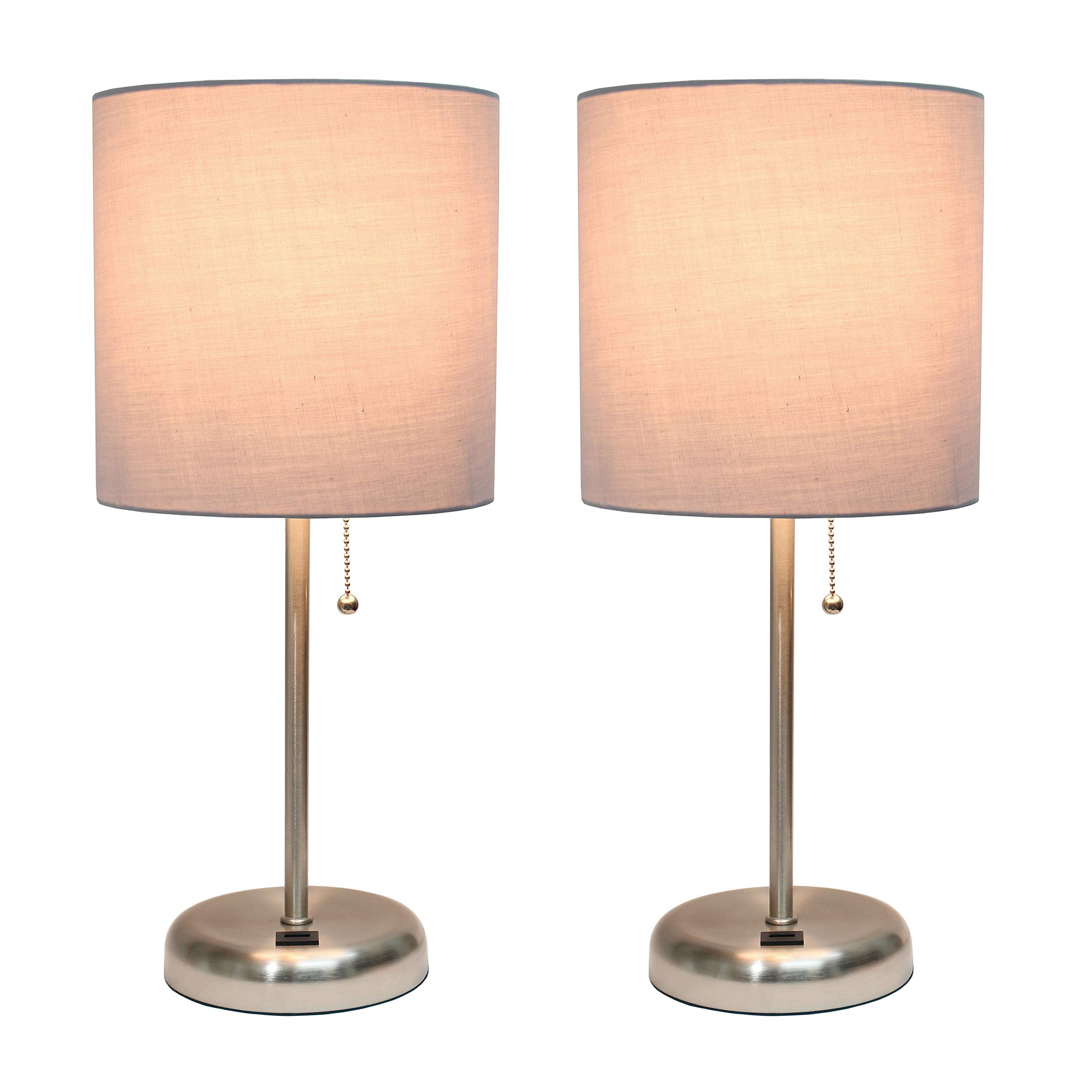 Simple Designs Lc2002-Gry-2Pk Brushed Steel Stick Table Lamp Set With Usb Charging Port And Gray Fabric Shades, 2 Pack Set