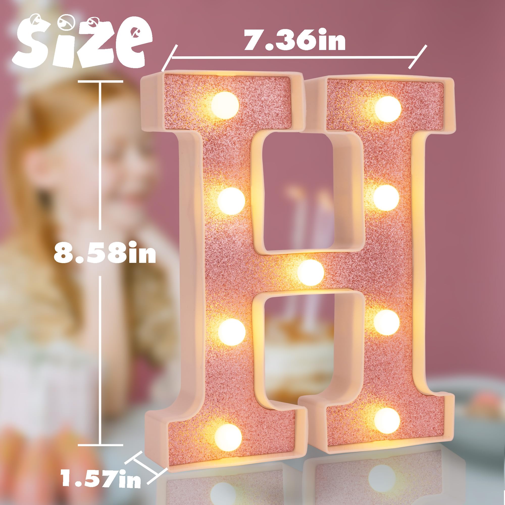 DyingSwan Small LED Marquee Letter H, 8.58 Inch Light Up Sign, Pink Glitter, Battery Powered Plastic Decor for Parties and Events