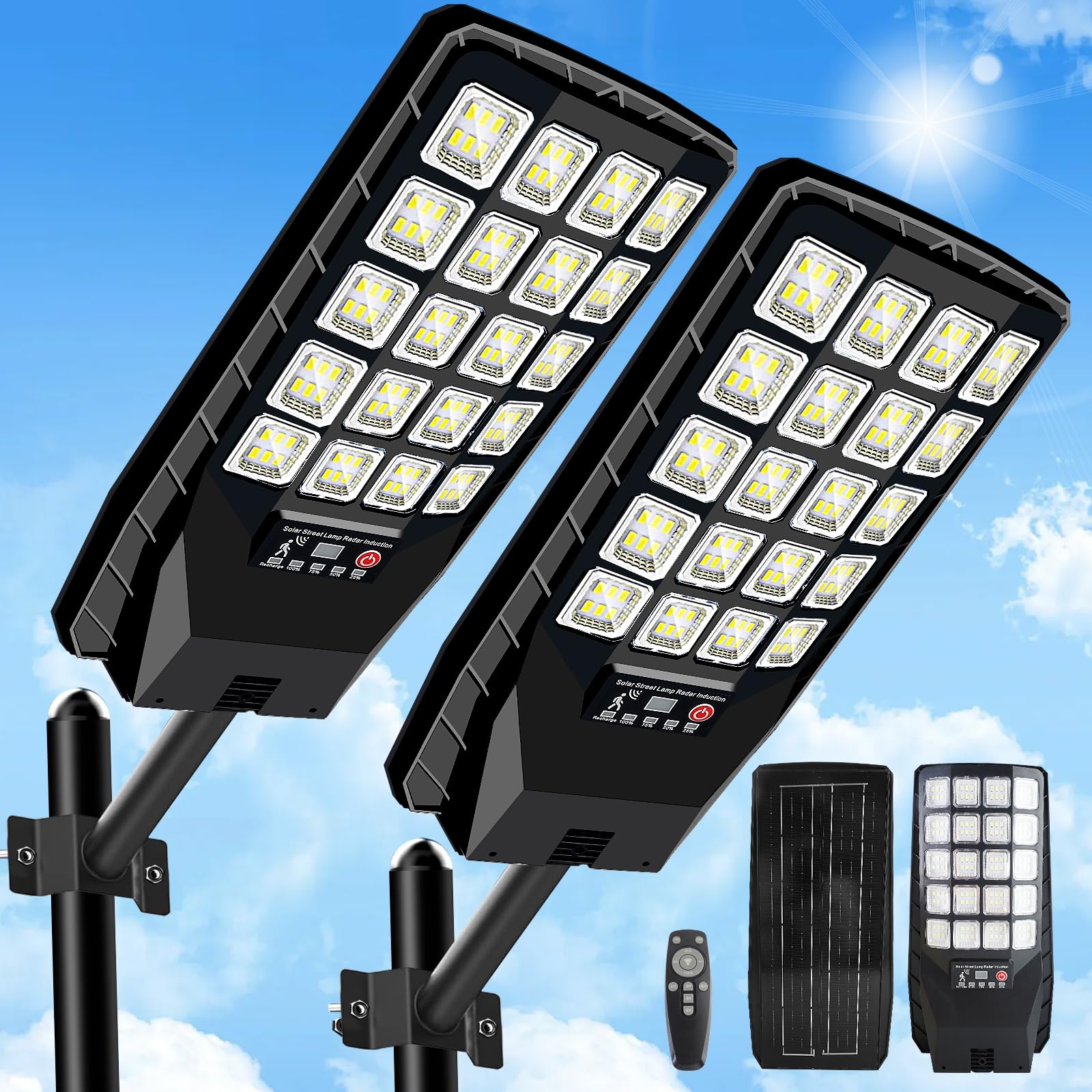 JWT Solar Street Lights - 2 Pack Waterproof Flood Light with Motion Sensor & Remote Control, 6500K, Black, Model JX-177-2