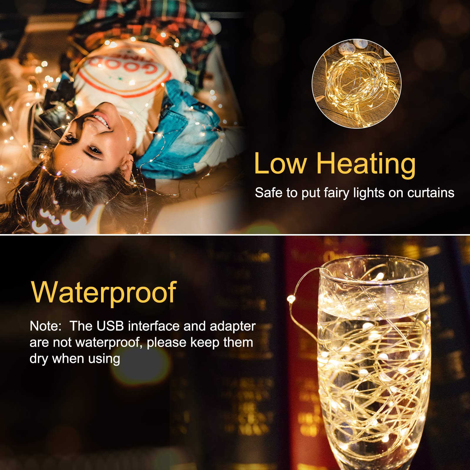 Minetom Curtain Lights, 300 LED Dimmable Fairy Lights, USB Powered, 2 Pack, Warm White, Model JY21CUR300A01