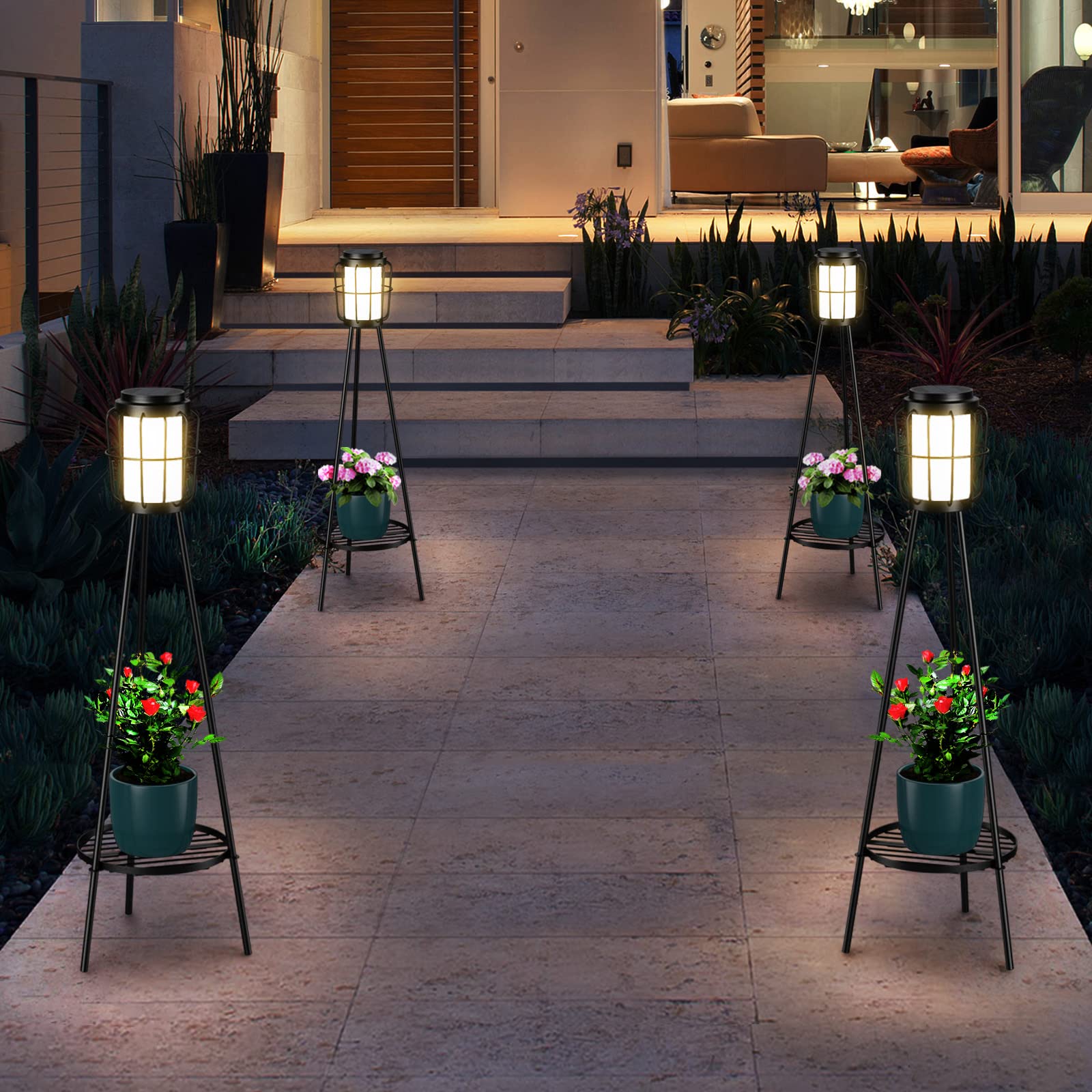 2 Pack Solar Lights Outdoor With Plant Stands - Solar Floor Lamp & Street Lights With Metal Tripod - Patio Decor For Garden, Yar