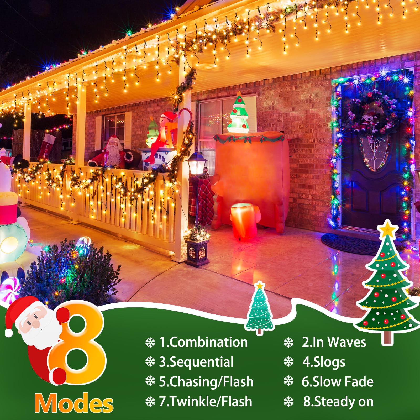 KNONEW 33FT 400 LED Christmas Lights Outdoor Black Wire, Warm White, 8 Lighting Modes, Timer, Connectable, Model KN-1000-LIG168-01