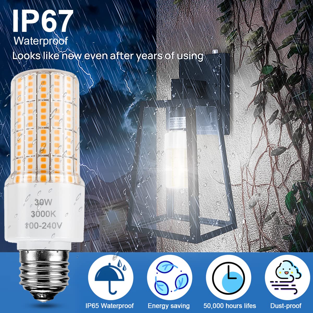 RIUVAO 30W LED Light Bulb, 250W Equivalent, 3750 Lumen, Waterproof, E26/E27 Base, Warm 3000K, 2-Pack,