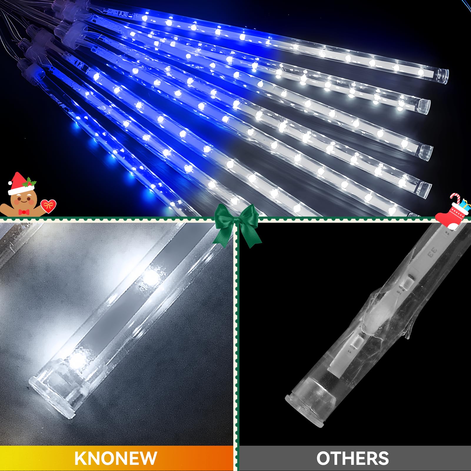 KNONEW LED Meteor Shower Lights, 24 Tubes, 672 LEDs, Waterproof, Blue & Cool White, Model KN-1000-LIG168-01, Outdoor Holiday Decorations
