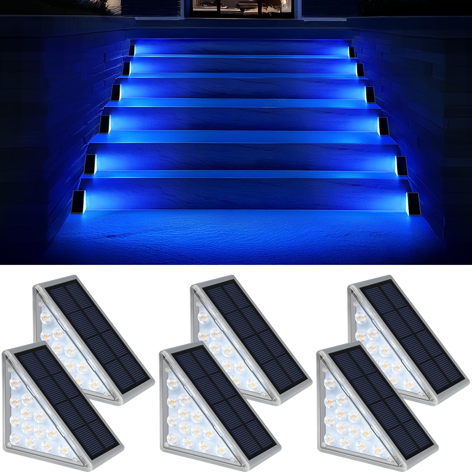 AUDLES Solar Stair Lights, Waterproof IP67, 6 Pack, Blue Color LED Outdoor Step Lights for Deck, Porch, Patio, and Backyard