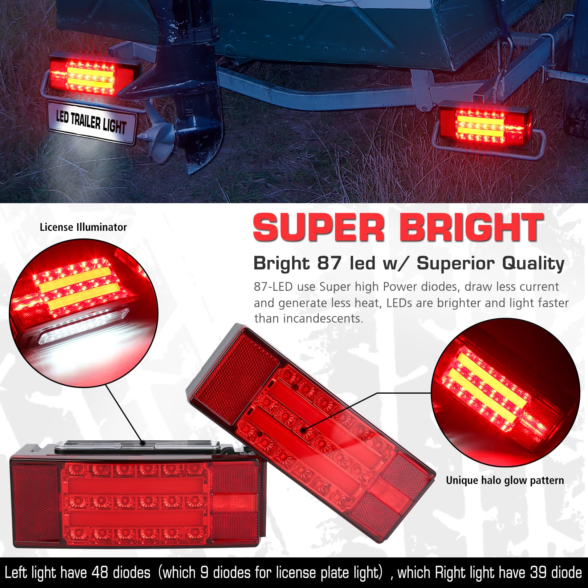 LINKITOM Submersible LED Trailer Light Kit - Bright Brake Stop Turn Tail Lights for Trucks, RVs, Boats - Black - For Trailers Over 80"