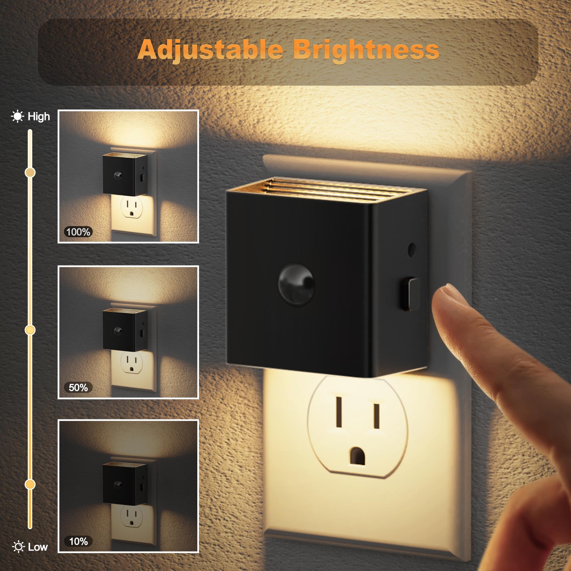 JandCase Motion Sensor Night Light, 3000K Warm White, Plug-in, Adjustable Brightness, 2 Pack, Black-Square