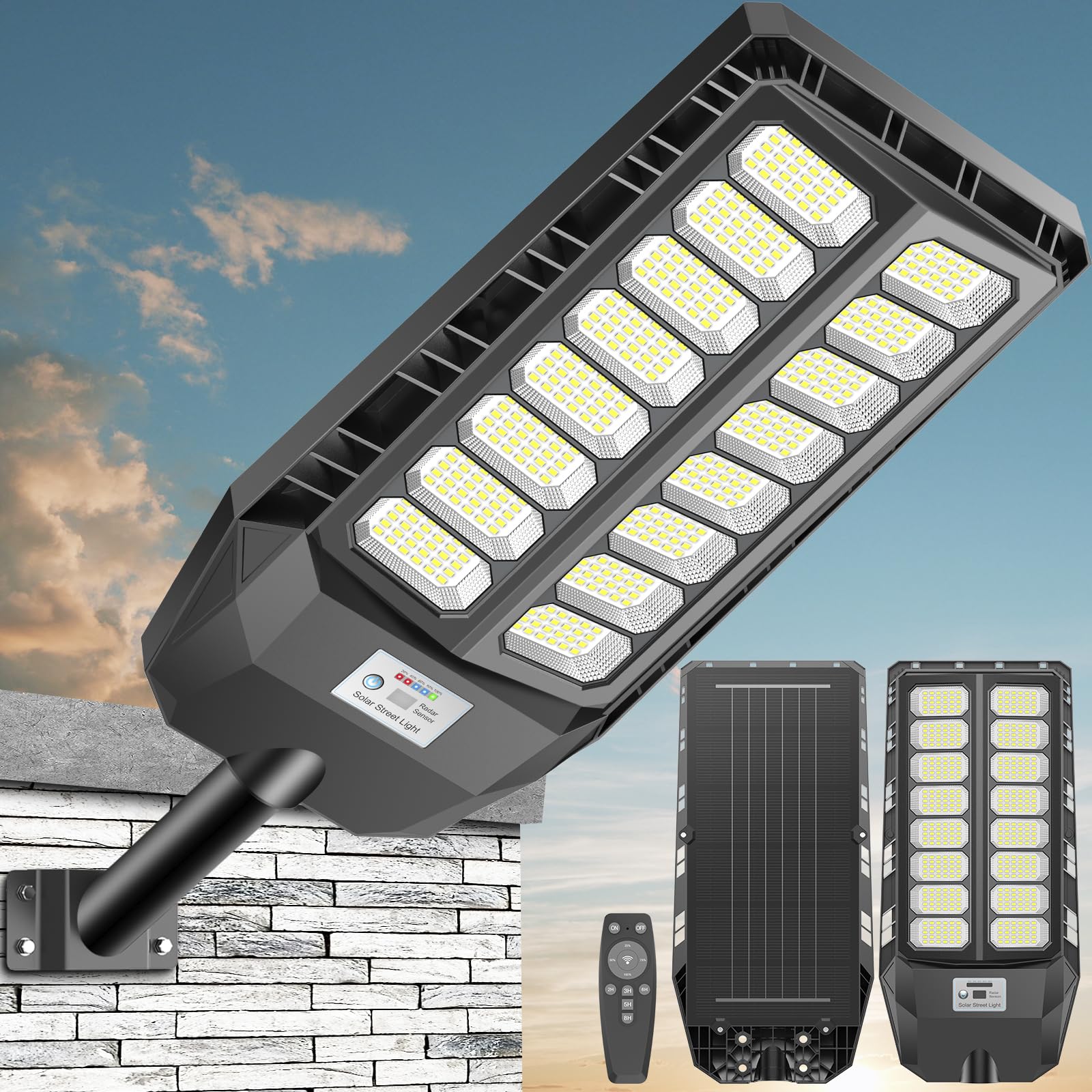 VOOJOY Solar Lights Outdoor, 6500K Flood Lights Outdoor, IP66 Waterproof Solar Street Lights with Motion Sensor and Remote Contr